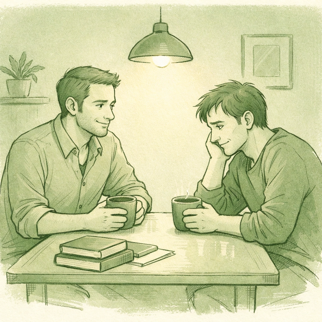 Two gay men in meaningful conversation bridging isolation through human connection