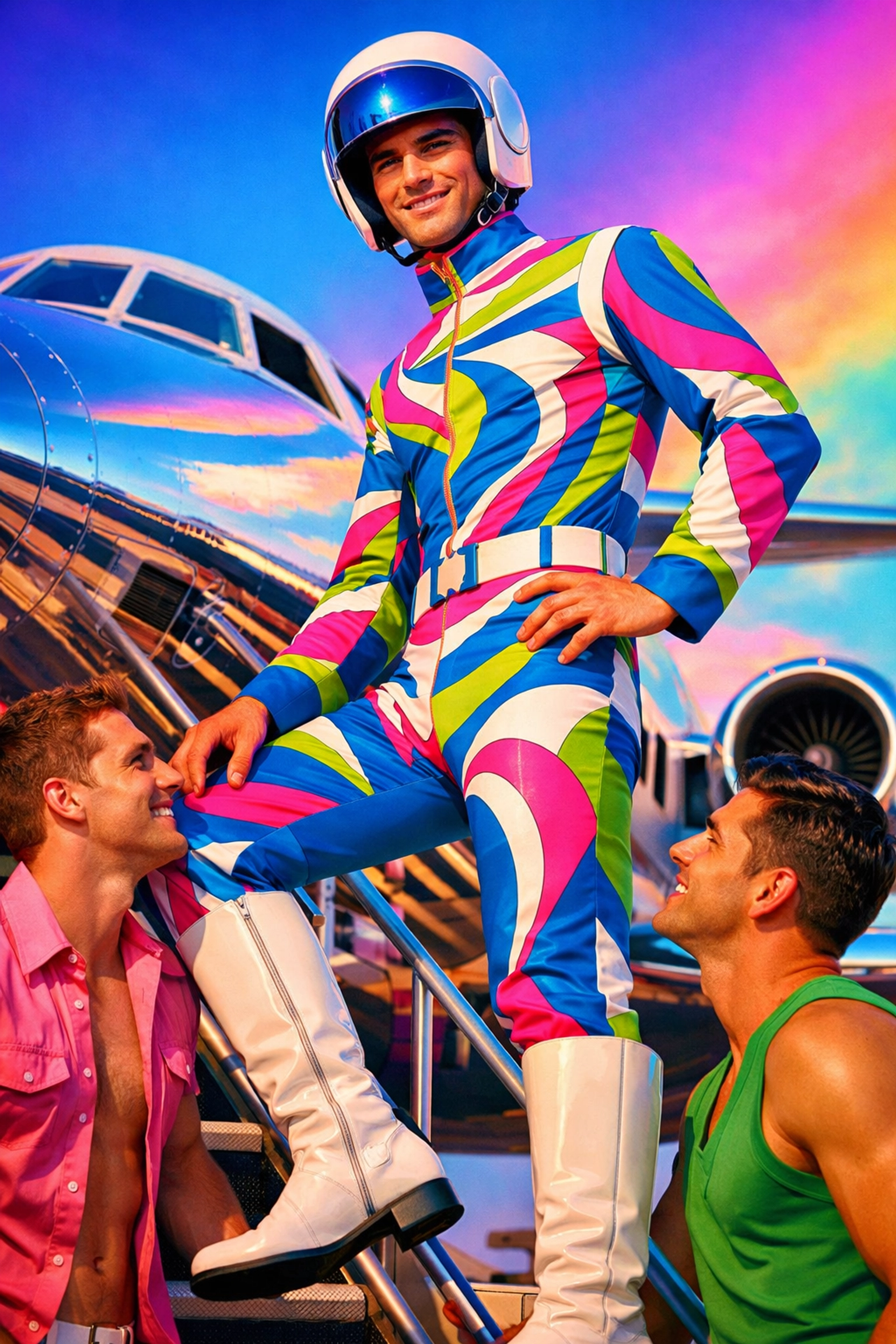 1960s Emilio Pucci cabin crew uniform with bold geometric patterns and space-age helmet