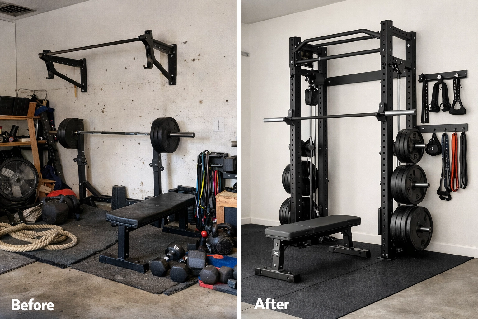 Before and after comparison of home gym with floor-to-ceiling system