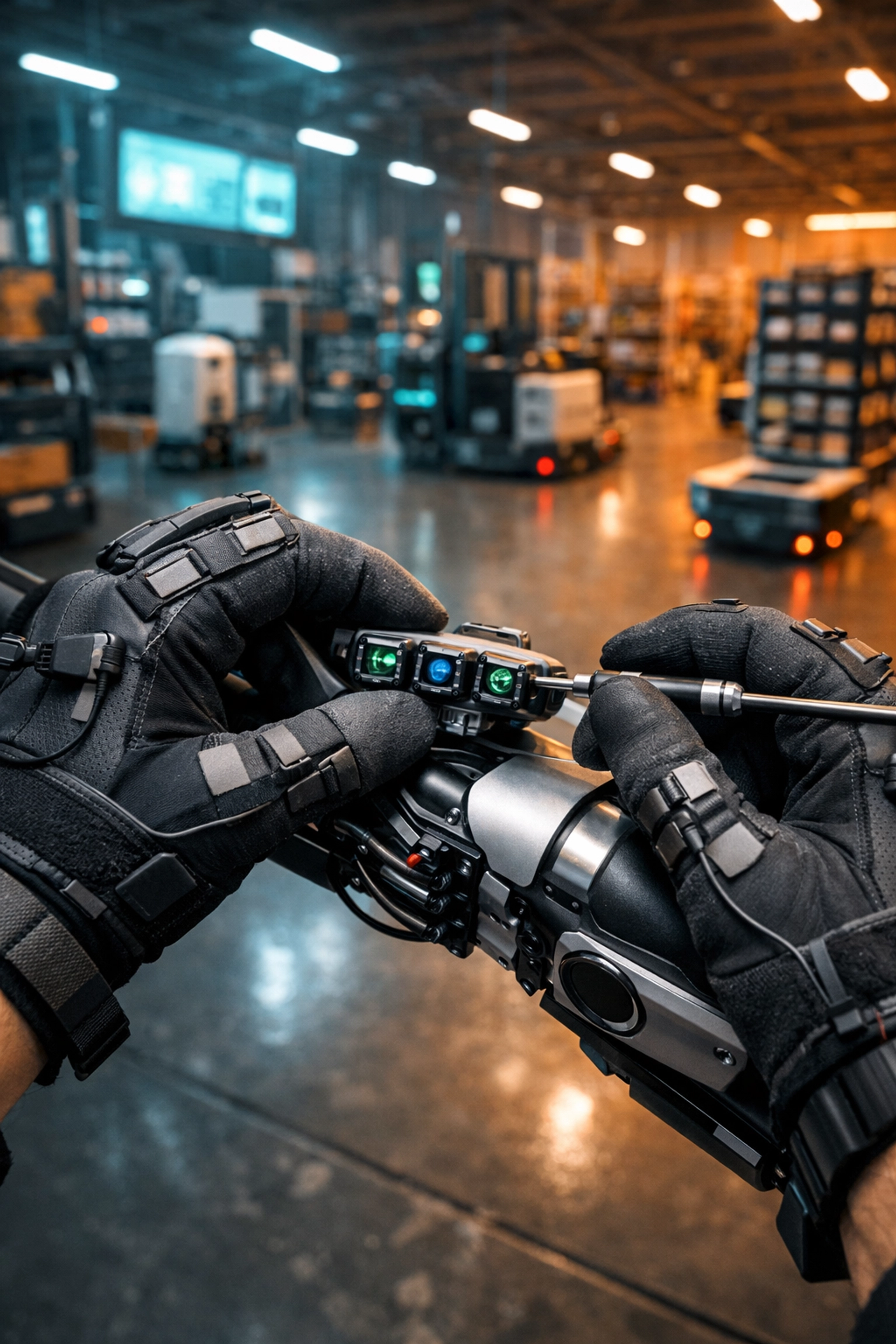Close-up of a technician's hands calibrating LIDAR sensors on a high-tech robotic limb in a warehouse.