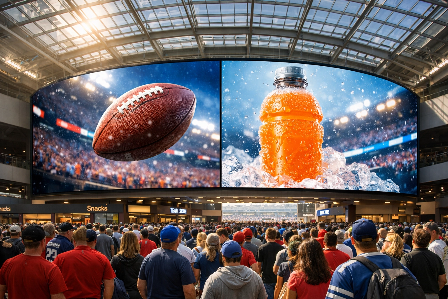 Large digital DOOH screen in a sports stadium showing contextual brand advertisements to fans.