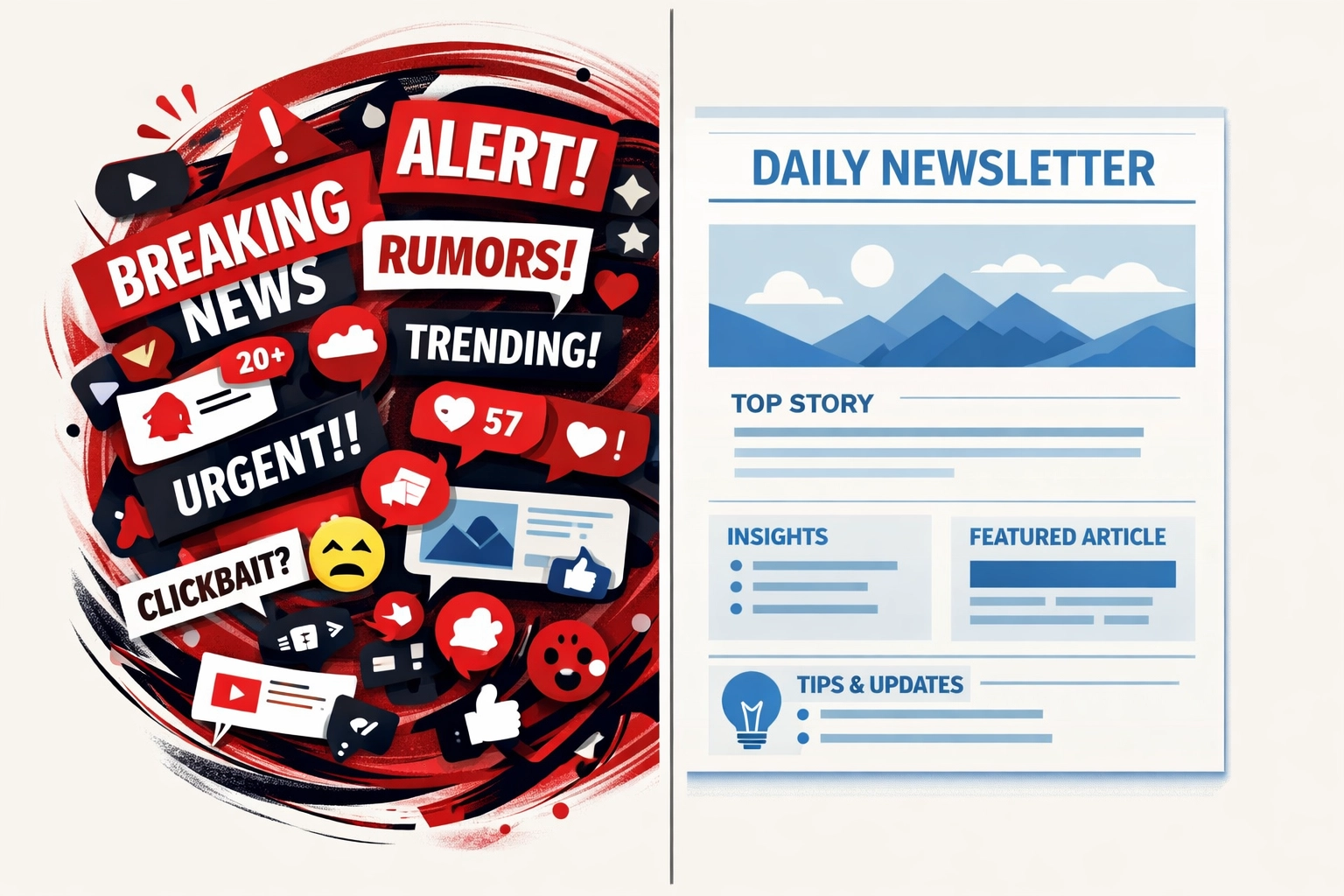 Chaotic news alerts versus organized news briefing showing peaceful information consumption