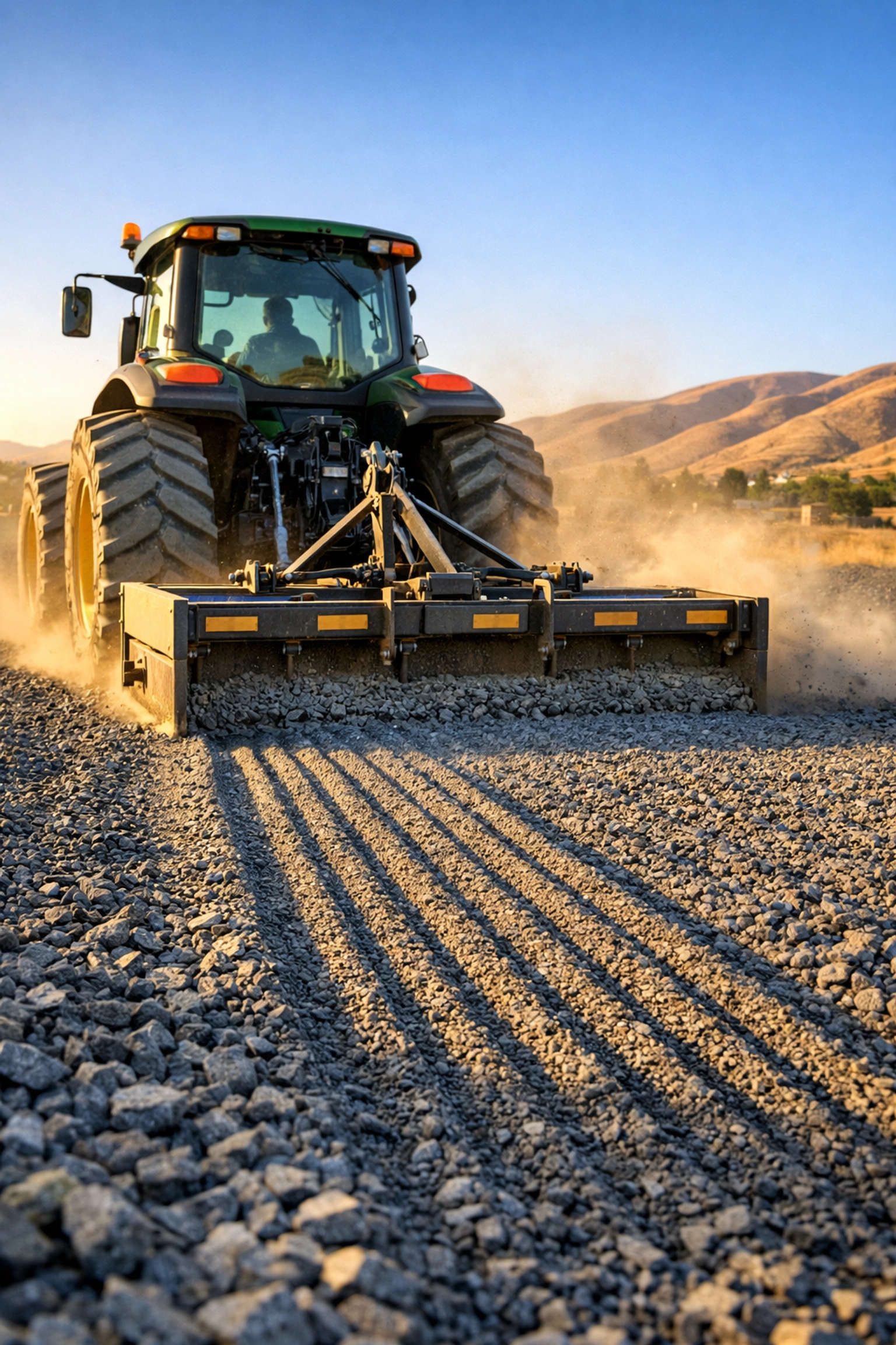 Heavy-duty tractor with box blade leveling a gravel driveway in Clarkston, Michigan for site preparation.