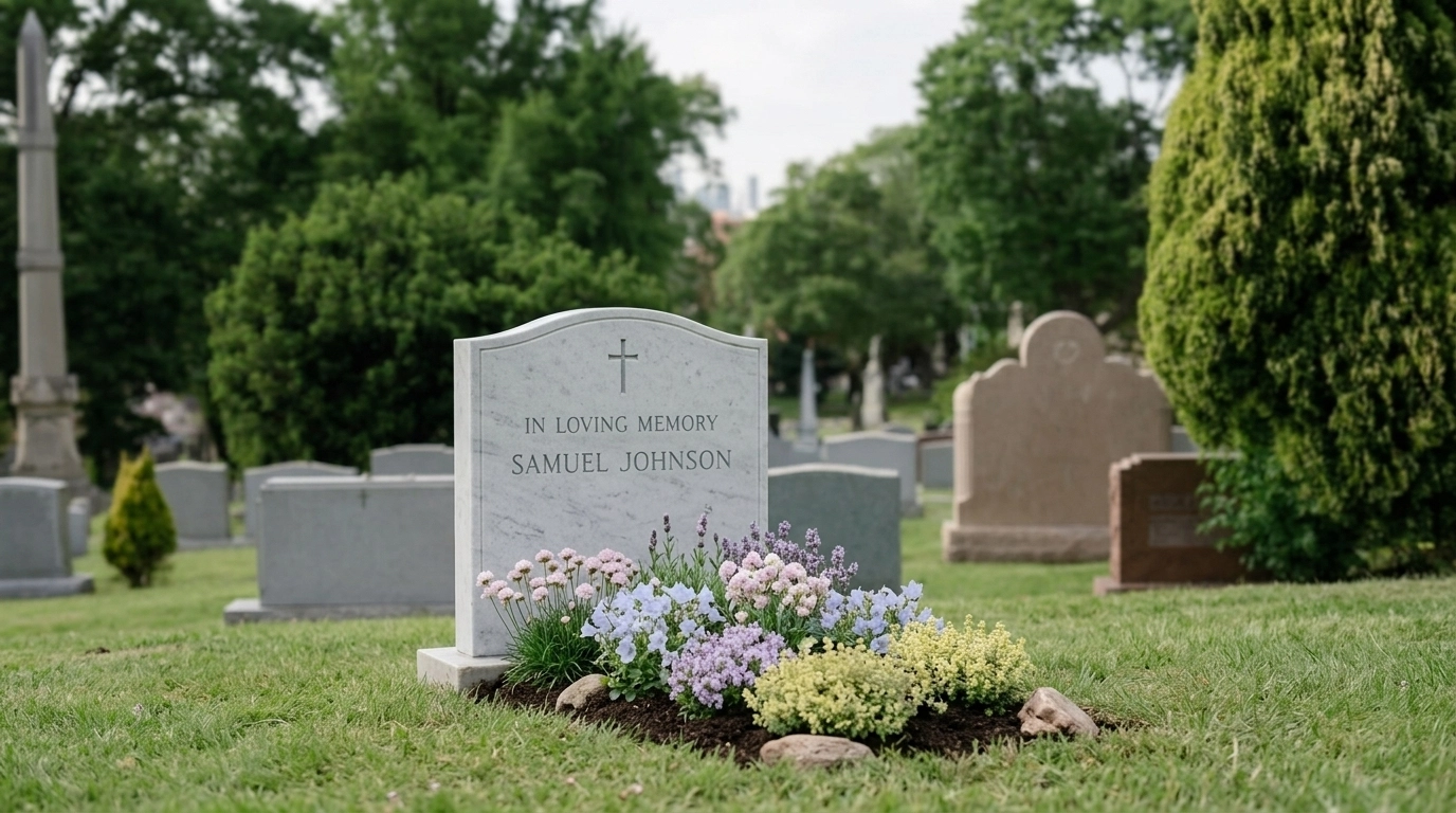 A well-maintained grave in Billericay featuring small British-grown plants and a clean headstone.