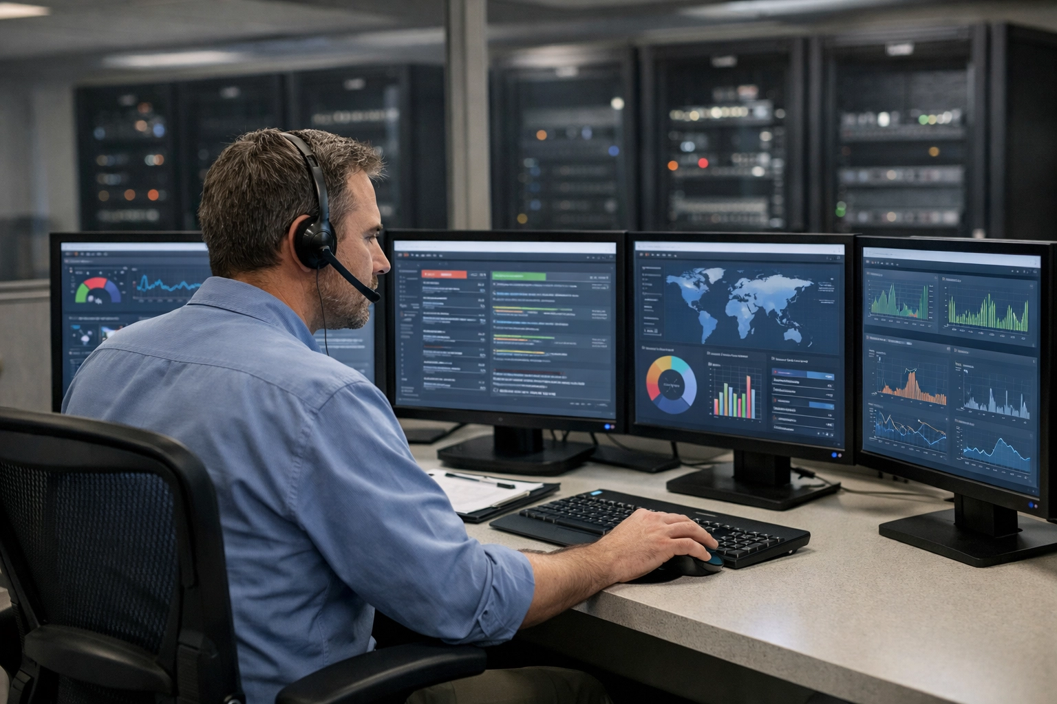 A U.S. hospital IT professional monitoring healthcare AI performance metrics and security dashboards in an operations room.
