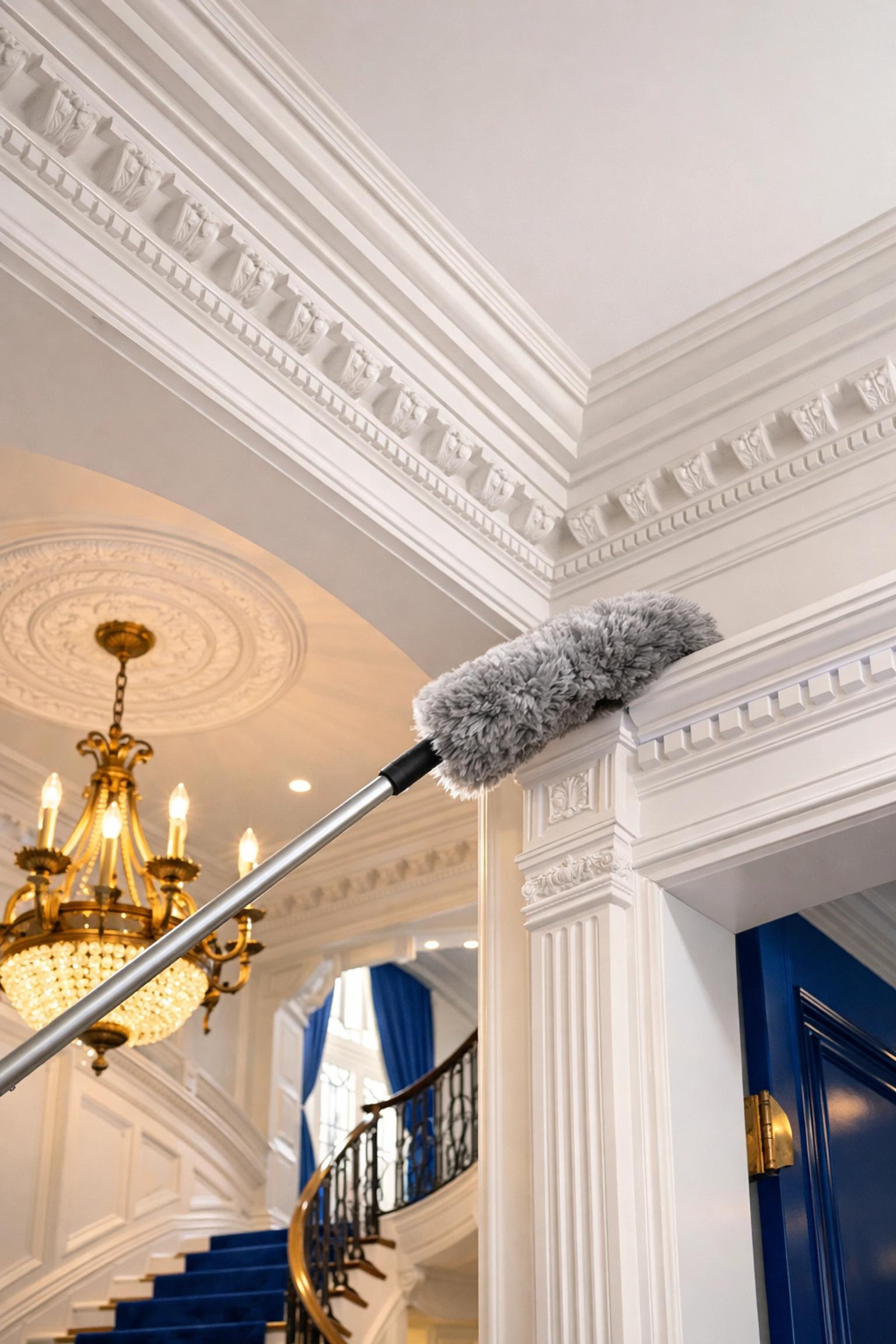 Professional dusting of high crown molding in a grand Acton estate foyer using a top-to-bottom technique.