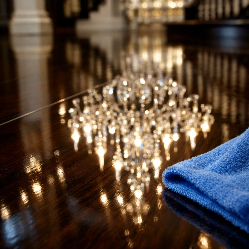 Professional cleaners achieving a streak-free finish on a polished luxury hardwood floor in Weston.