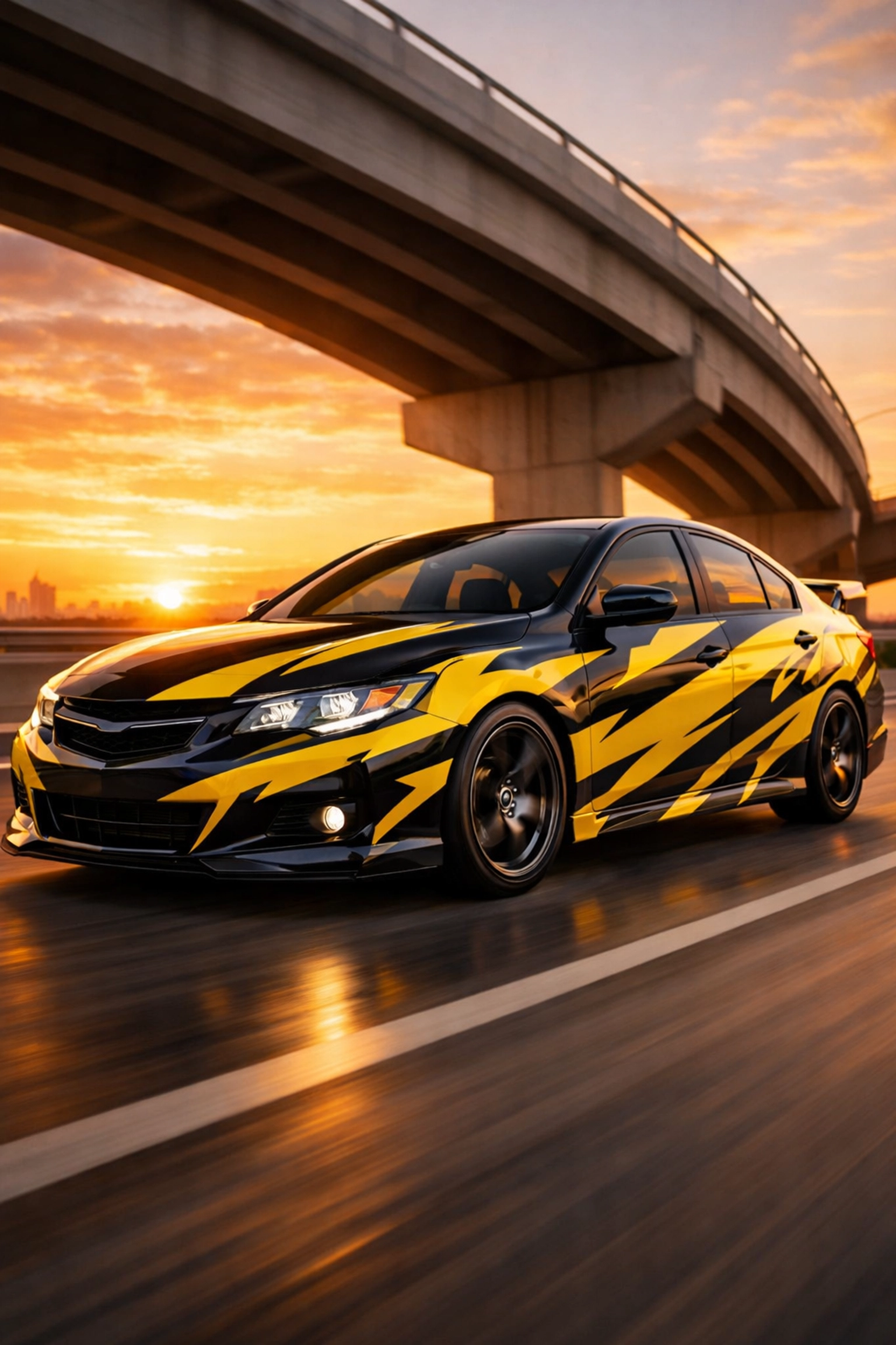 A branded sedan with a high-contrast yellow and black car wrap driving on a Dallas highway at sunset.