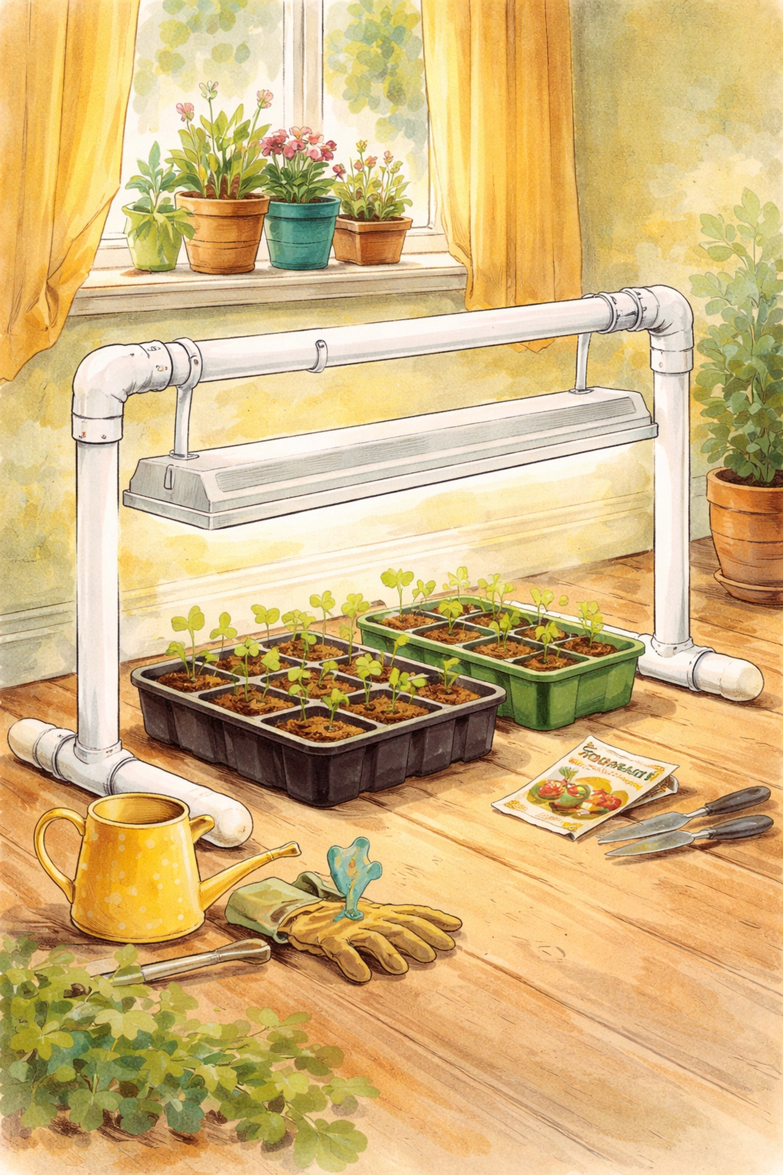 Storybook illustration of a homemade PVC plant light stand with seedling pots on a wooden floor, ideal for indoor gardening.