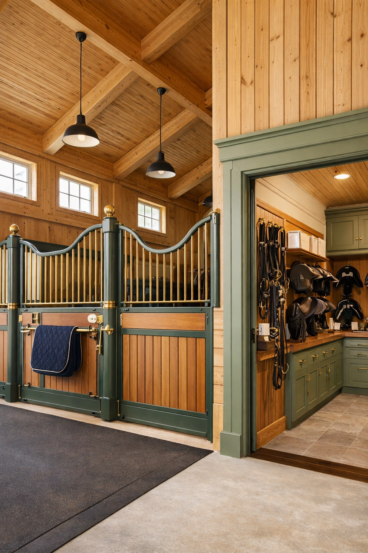 Well-designed horse barn interior with organized stalls and tack room