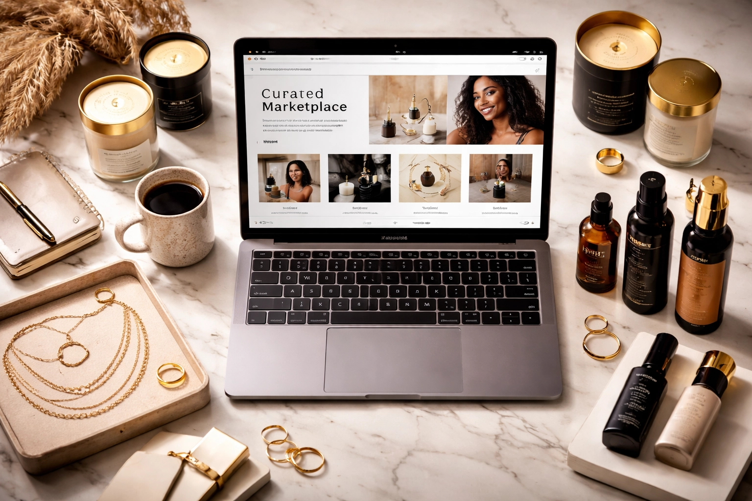 E-commerce desk with a laptop open to a Black-owned online marketplace and premium products displayed