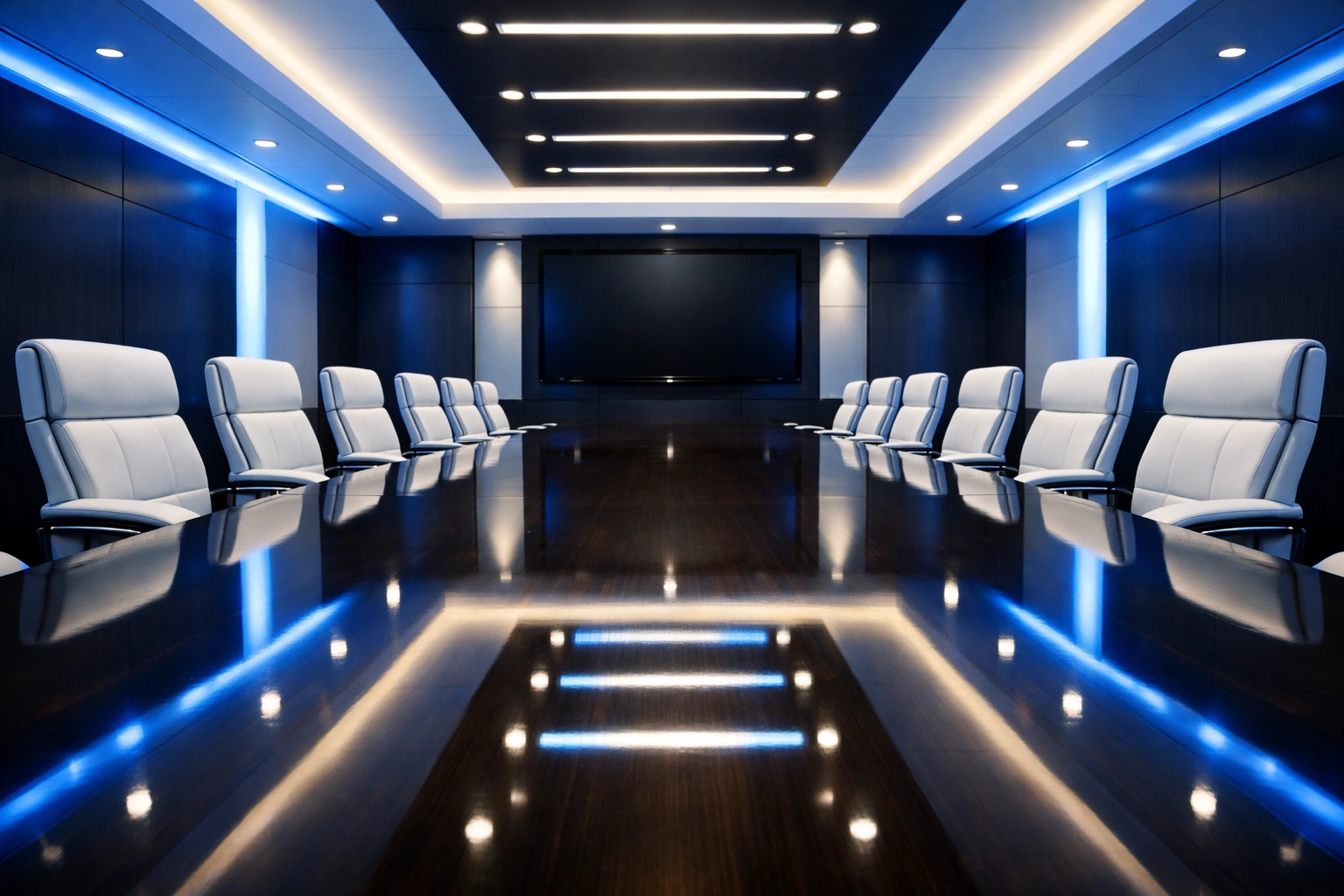 Spotless executive boardroom with a polished table showing the results of professional office cleaning services.