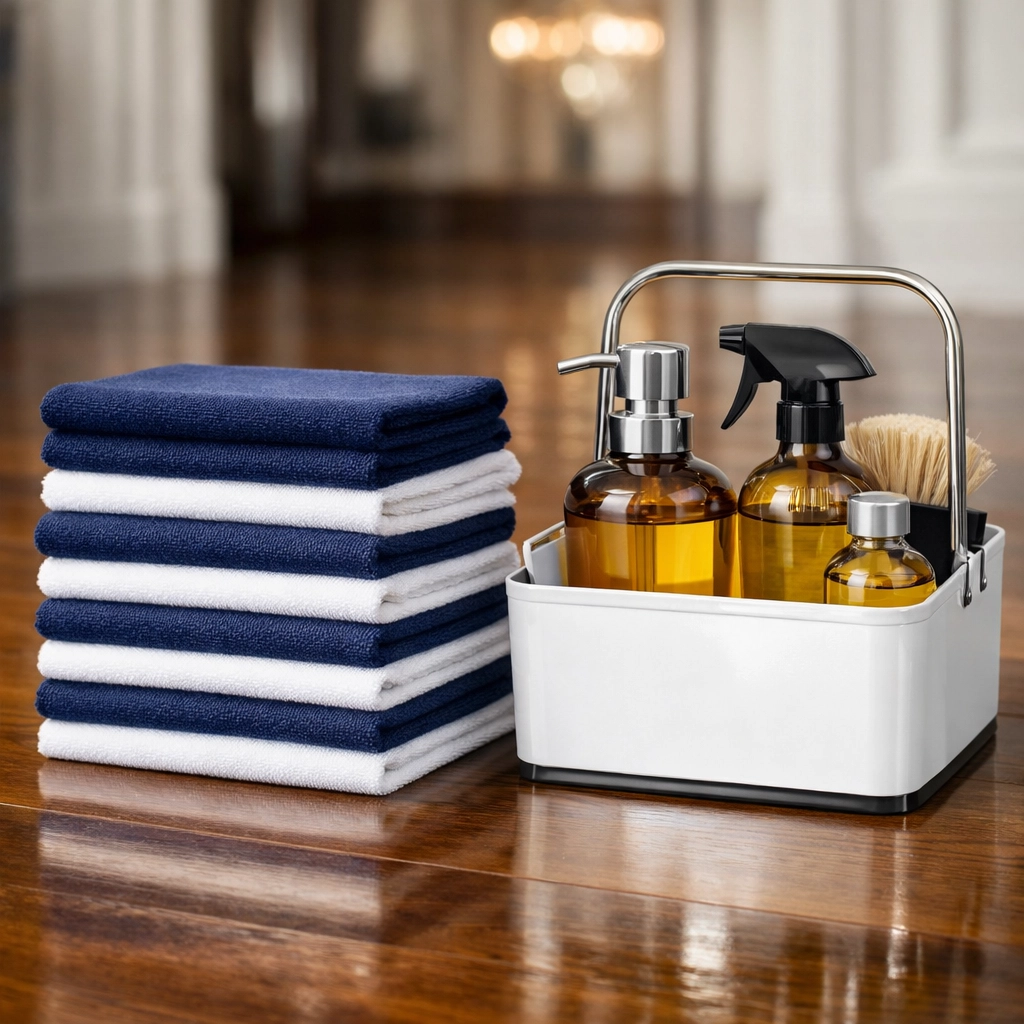 Stack of clean microfiber cloths and eco-friendly supplies used for high-end Easton Home Cleaning services.