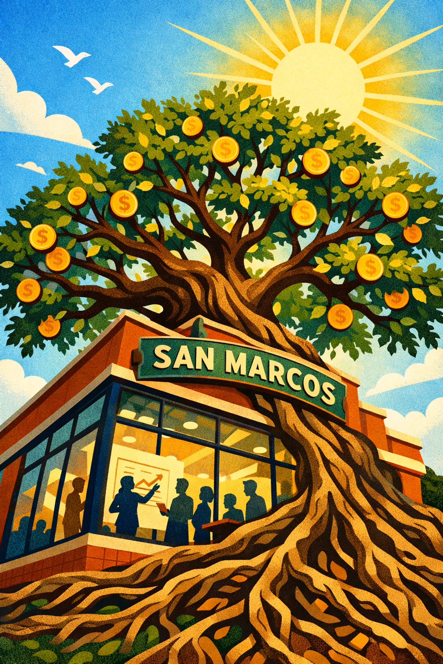 A thriving local business storefront under an oak tree, representing growth with San Marcos tax services.