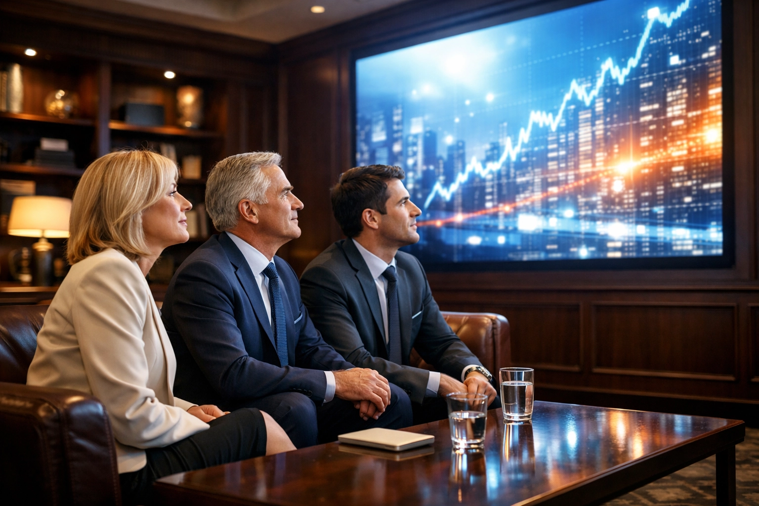 Corporate executives monitoring brand presence on a large display during the Super Bowl.