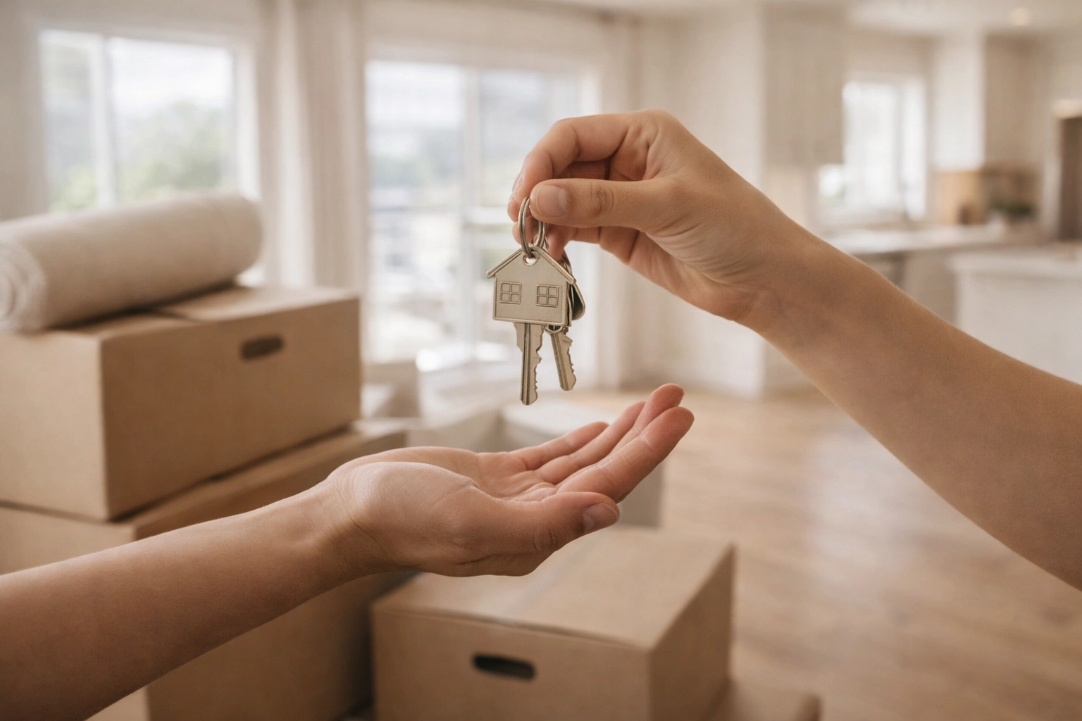 First-time home buyers holding new house keys beside moving boxes in a bright modern home