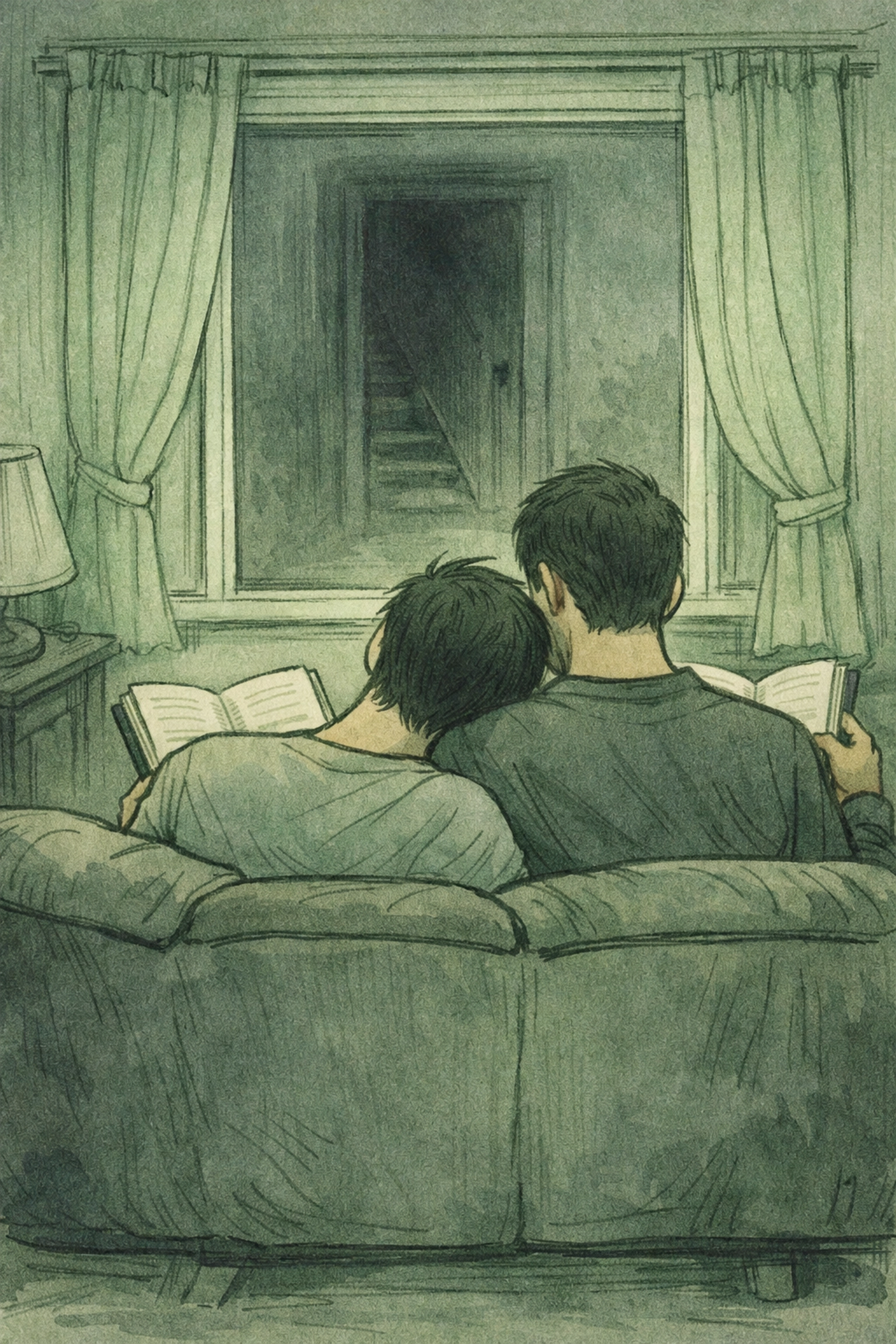 Gay couple reading together with ominous basement door in MM thriller novel