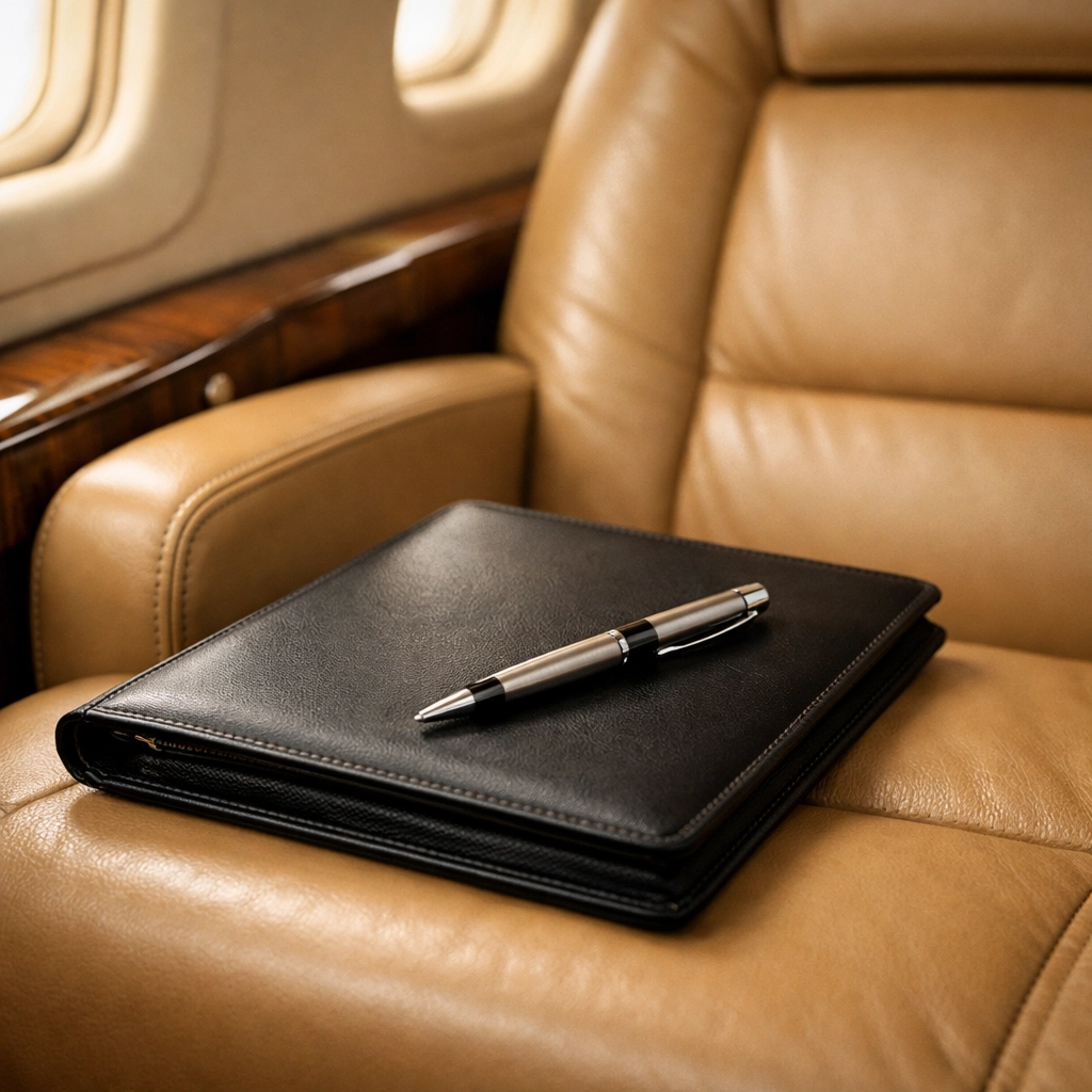 Professional executive travel cabin interior showing a leather portfolio for strategic business meetings.
