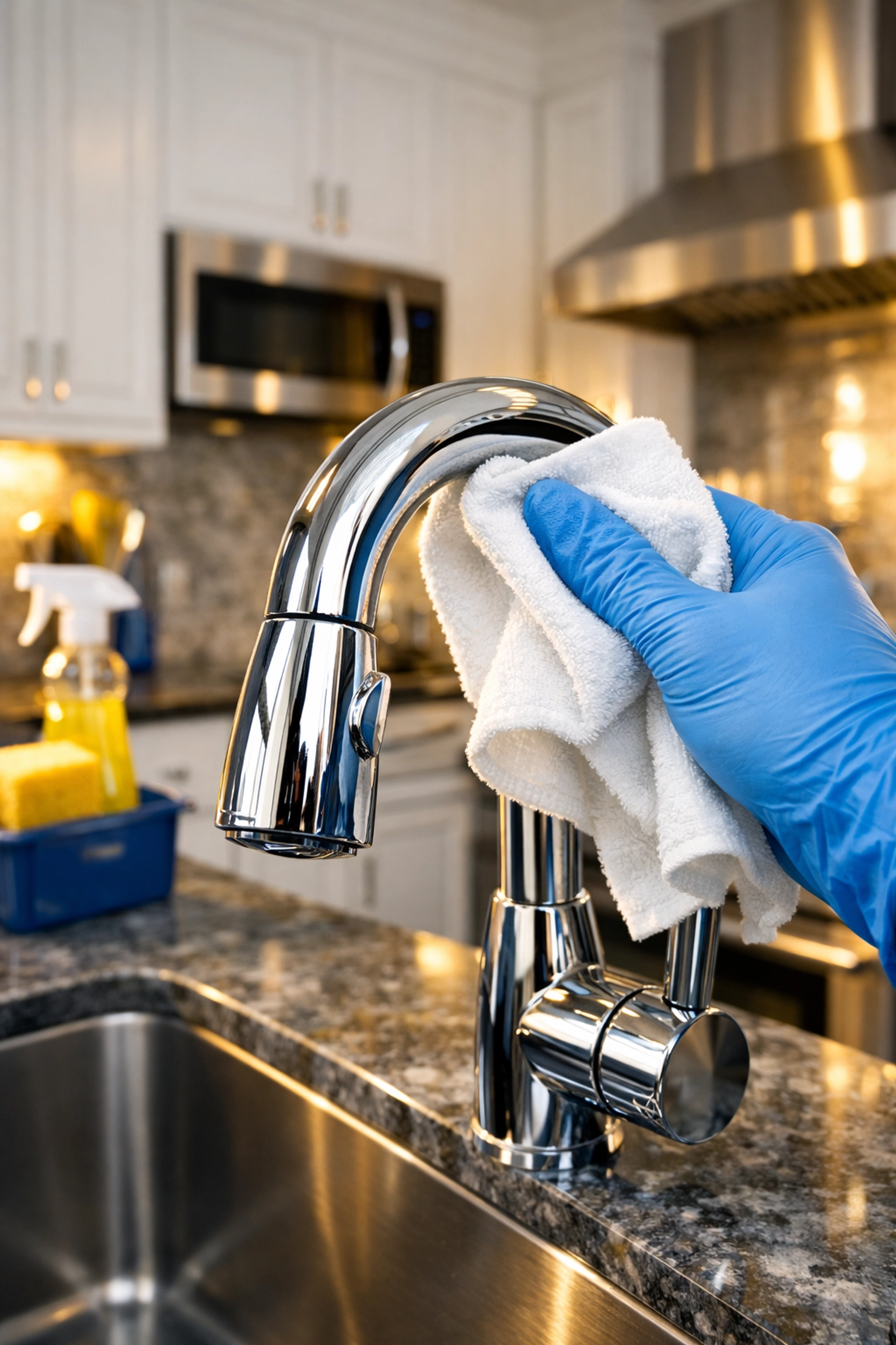 Professional apartment cleaning in Brookline showing a hand polishing a kitchen faucet during a deep move-out clean.