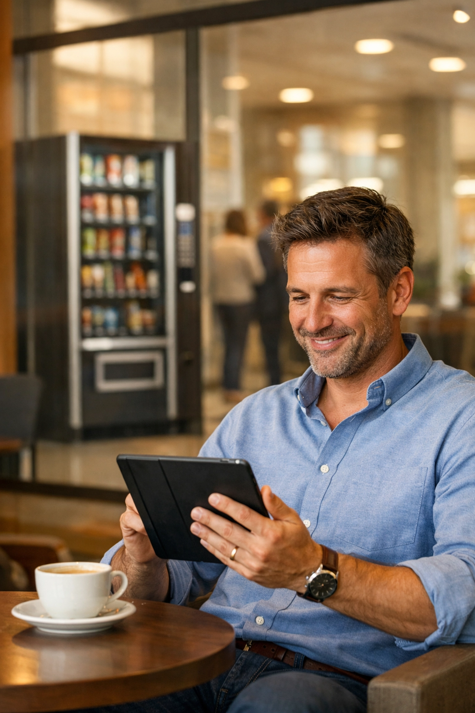 Successful entrepreneur using a tablet to manage business while a vending machine serves a busy hallway.