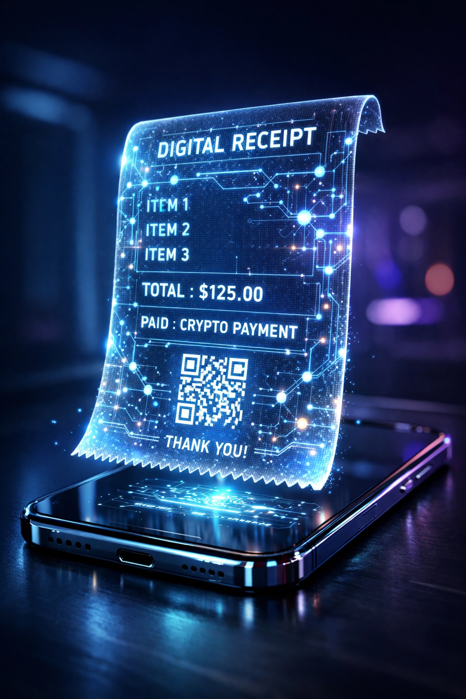 Digital NFT receipt for Web3 shopping, featuring secure blockchain data and holographic proof of purchase on a phone.