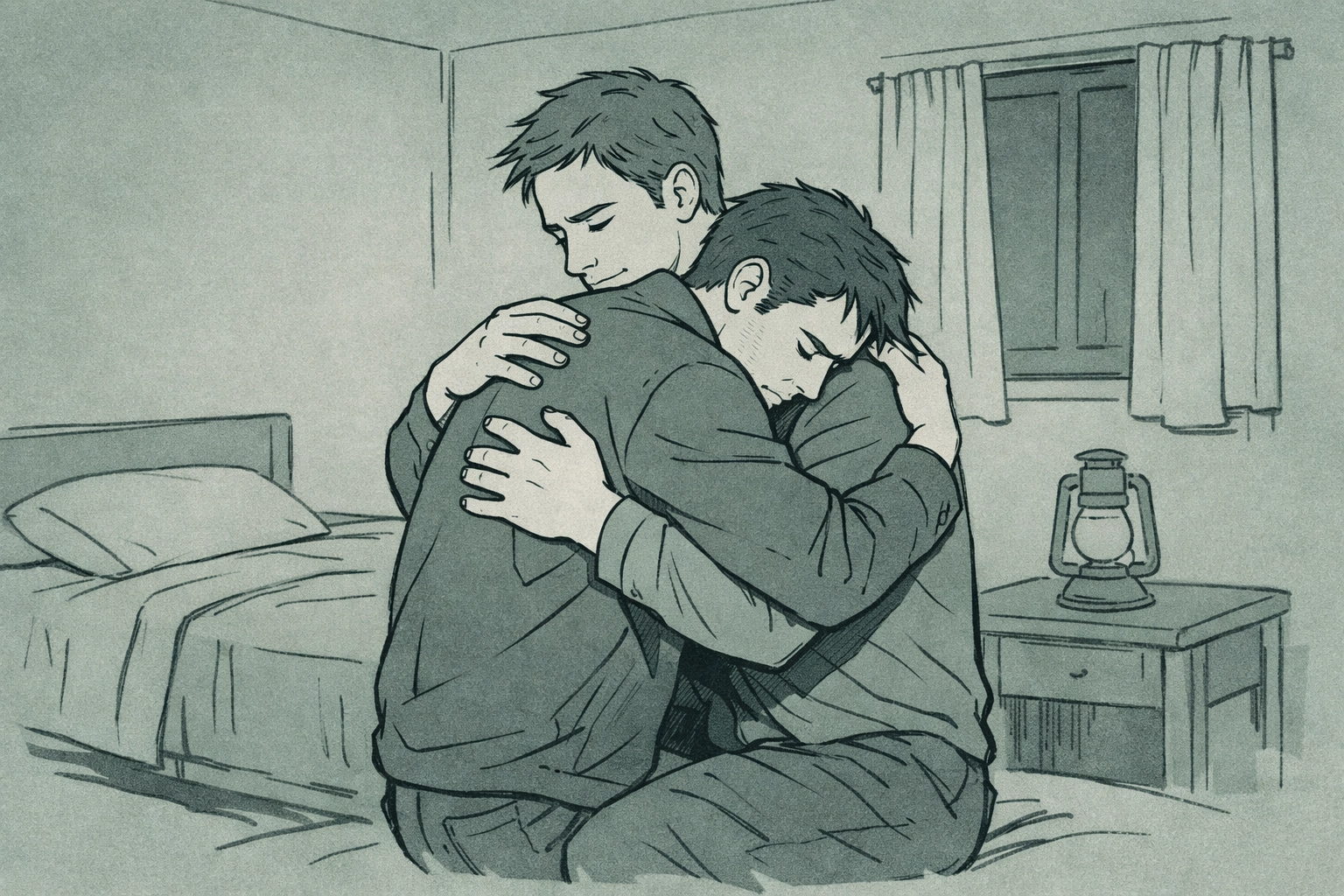 Gay men embracing in safe house during escape from Chechen persecution