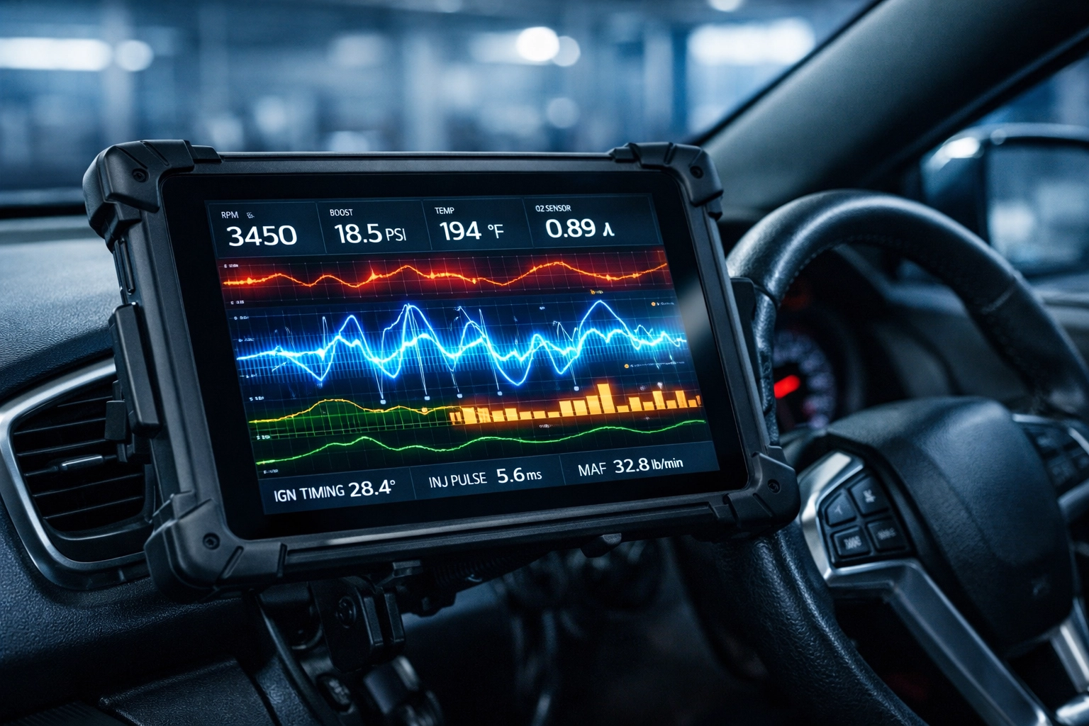 Professional engine diagnostic near me showing real-time performance data on a digital tablet in a garage.