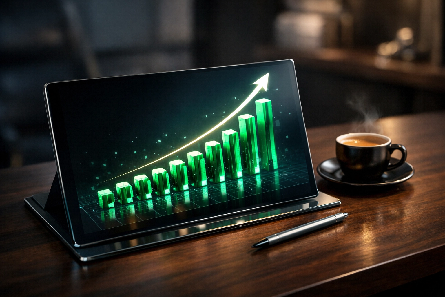 Digital marketing agency Canada workspace showing a tablet with upward trending growth from a 90-day SEO framework.