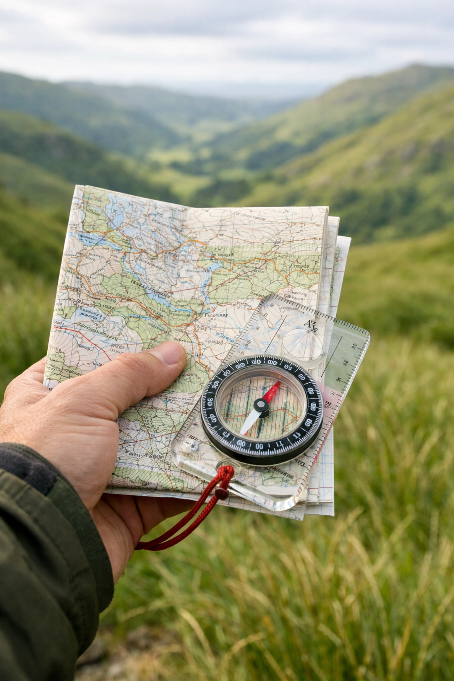 Hiker using a map and compass for navigation during a wild camping adventure in the UK.