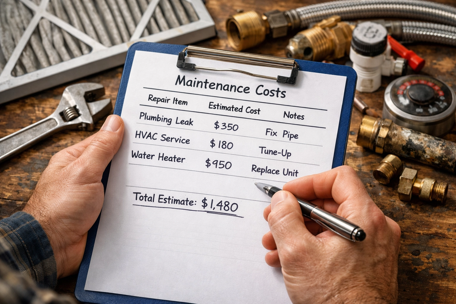 Home maintenance cost planning with contractor tools and repair budget calculations