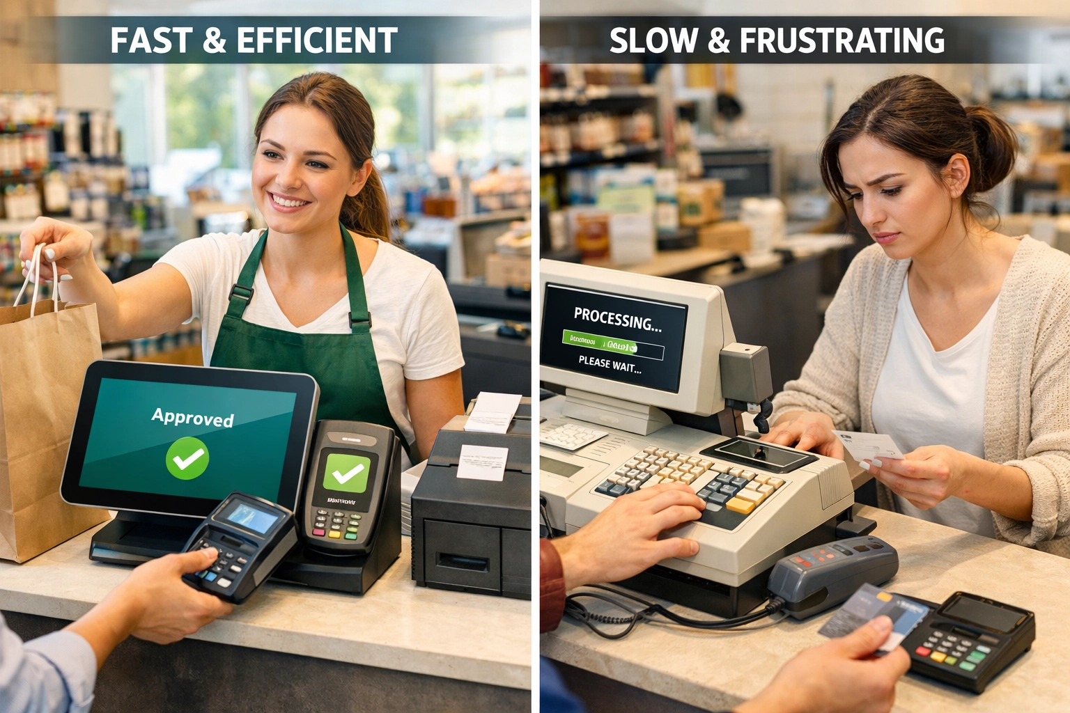 Side-by-side comparison of different POS systems being tested in UK retail shop environment