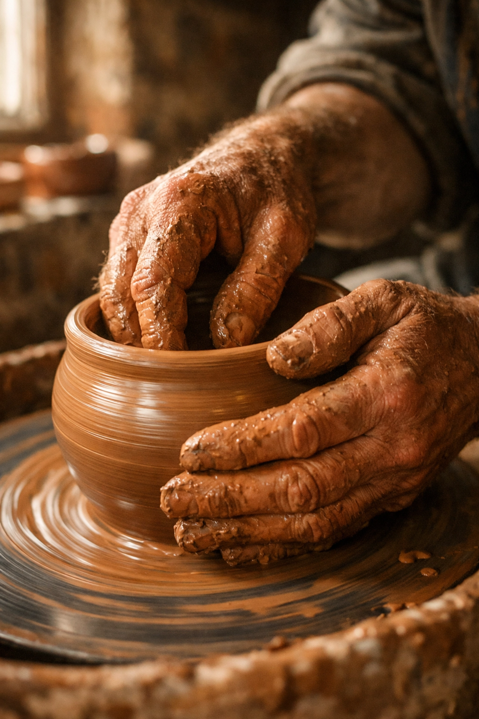 Craftsperson's hands shaping clay on pottery wheel in workshop for authentic cultural photography