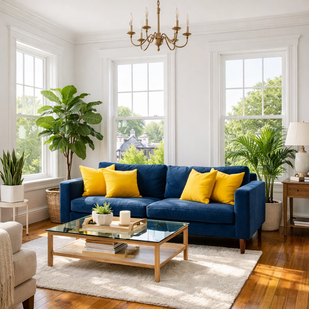 Eco-friendly maid services Worcester providing a clean, healthy living room with fresh indoor plants.