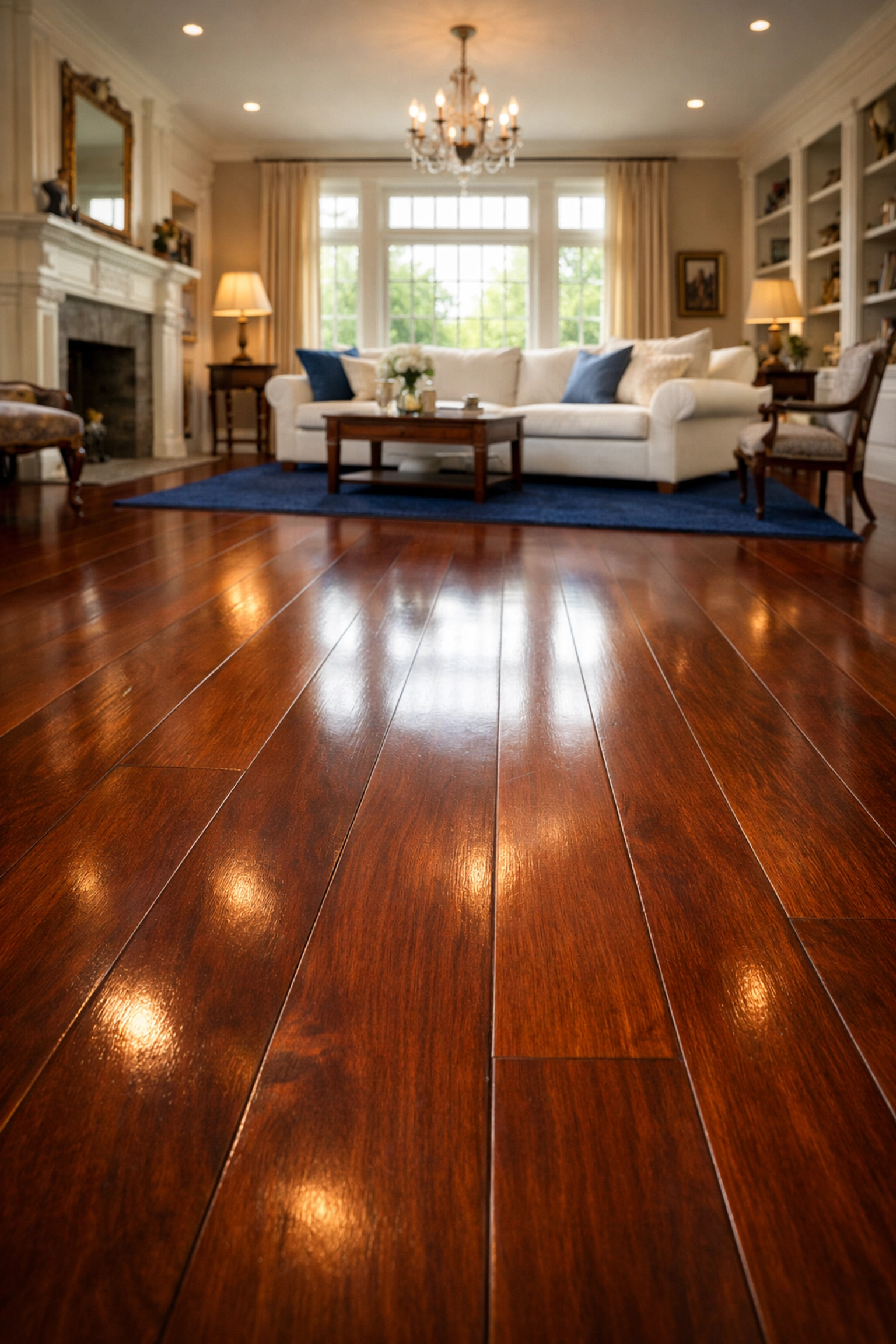 Pristine mahogany hardwood floors in a Weston home preserved by professional cleaners MA experts.