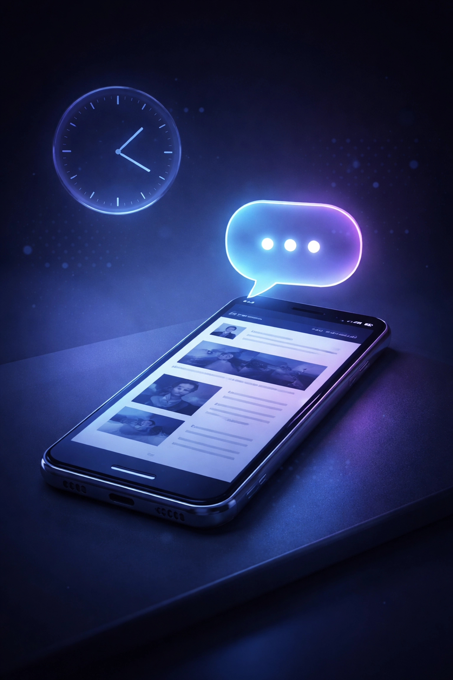 A smartphone displaying a business website at night with a glowing chat icon, representing 24/7 AI chat assistant engagement in Boca Raton.