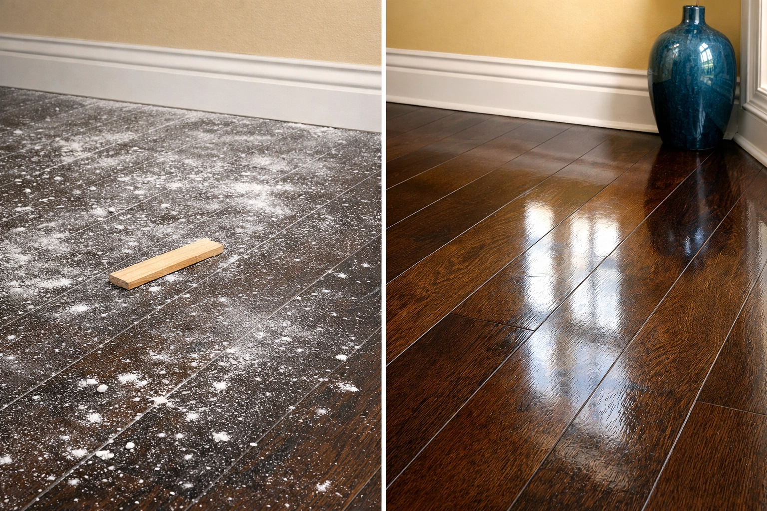 Before and after results of professional post construction cleaning on hardwood floors in a Massachusetts home.