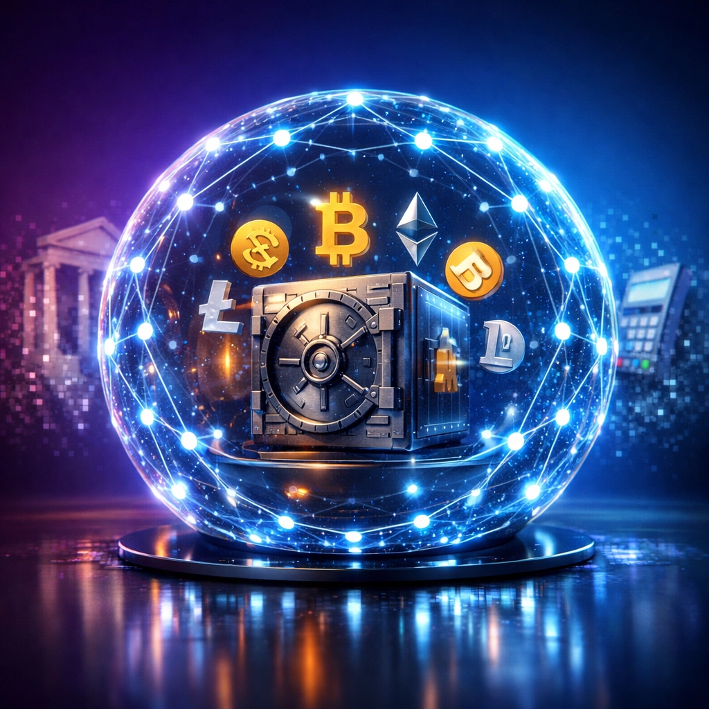 Secure self-custody crypto wallet protected by blockchain network replacing traditional payment systems