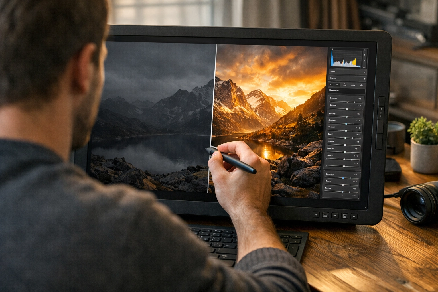 Before and after comparison of landscape photo editing on a digital tablet.