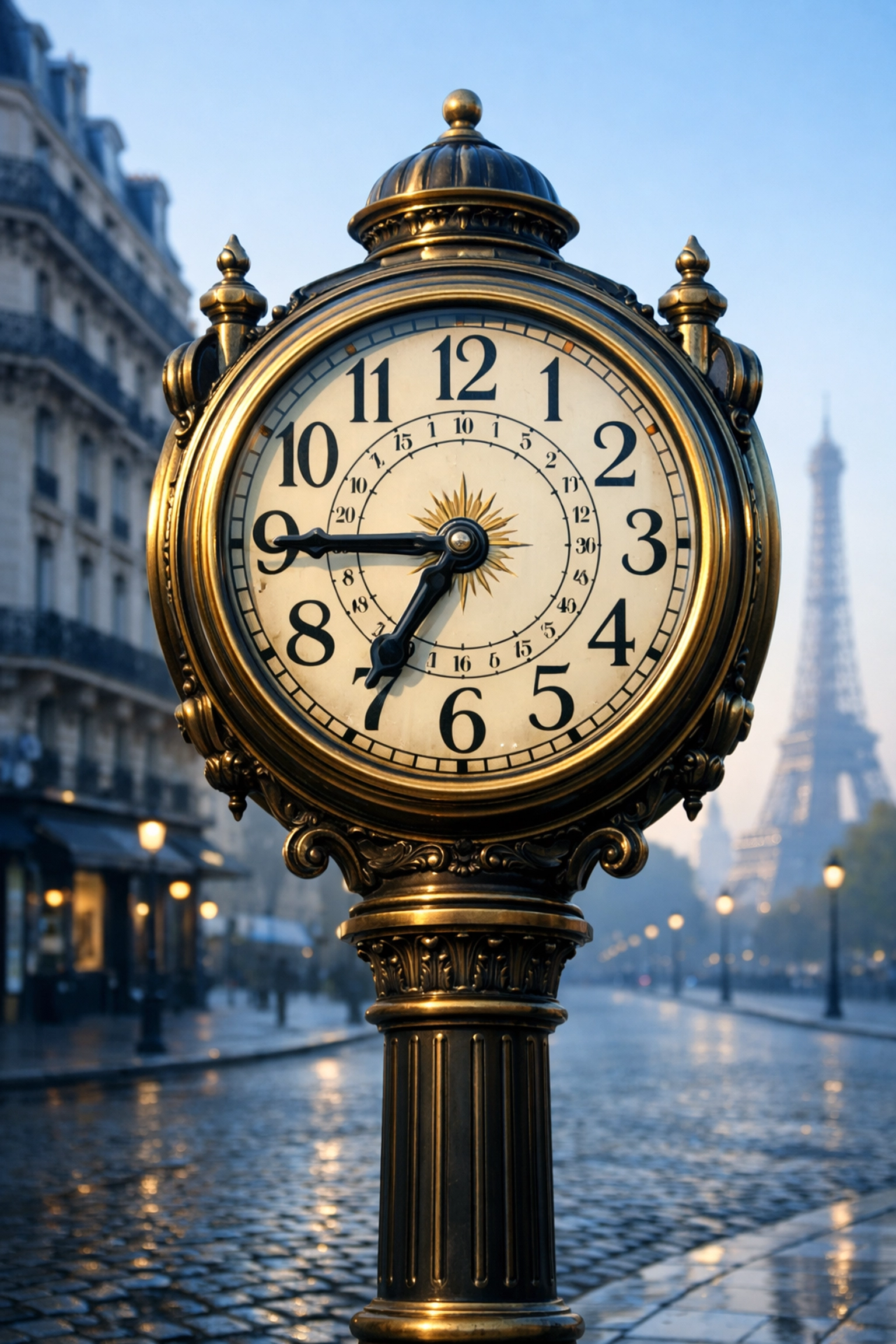 Vintage brass street clock on a Parisian boulevard with the Eiffel Tower in the background.