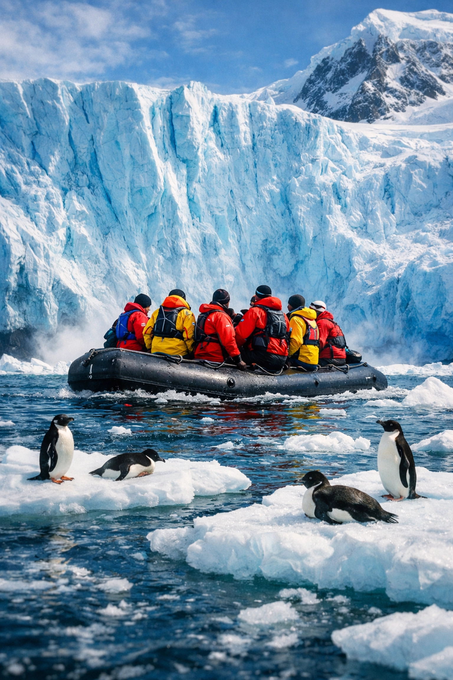Zodiac boat expedition approaching Antarctic glacier wall with penguins on ice