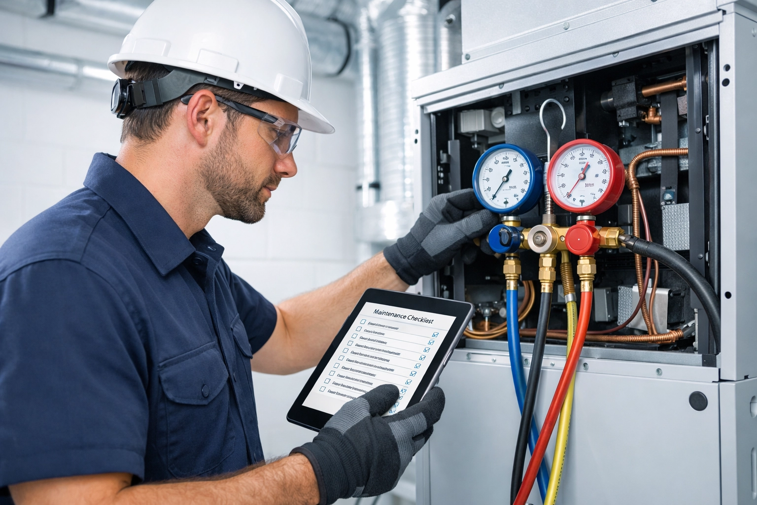 Licensed HVAC technician inspecting air handler with diagnostic equipment