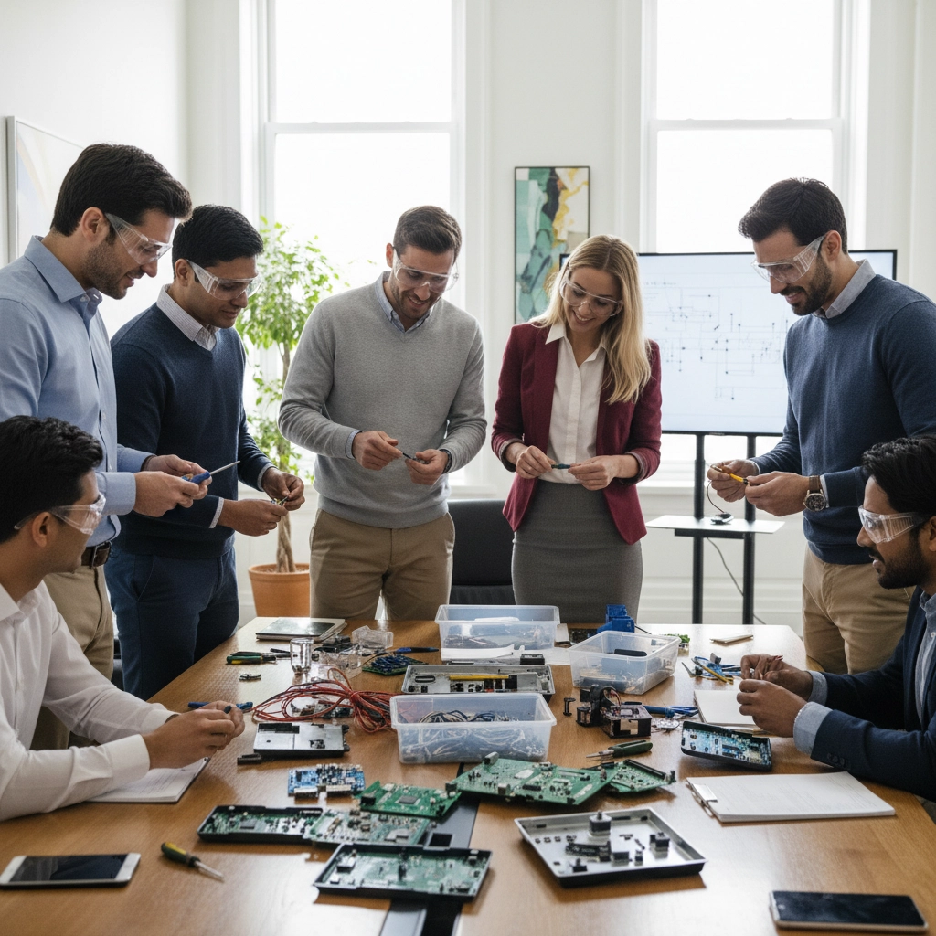 people gathered smiling at a table full of e-waste for repurposing