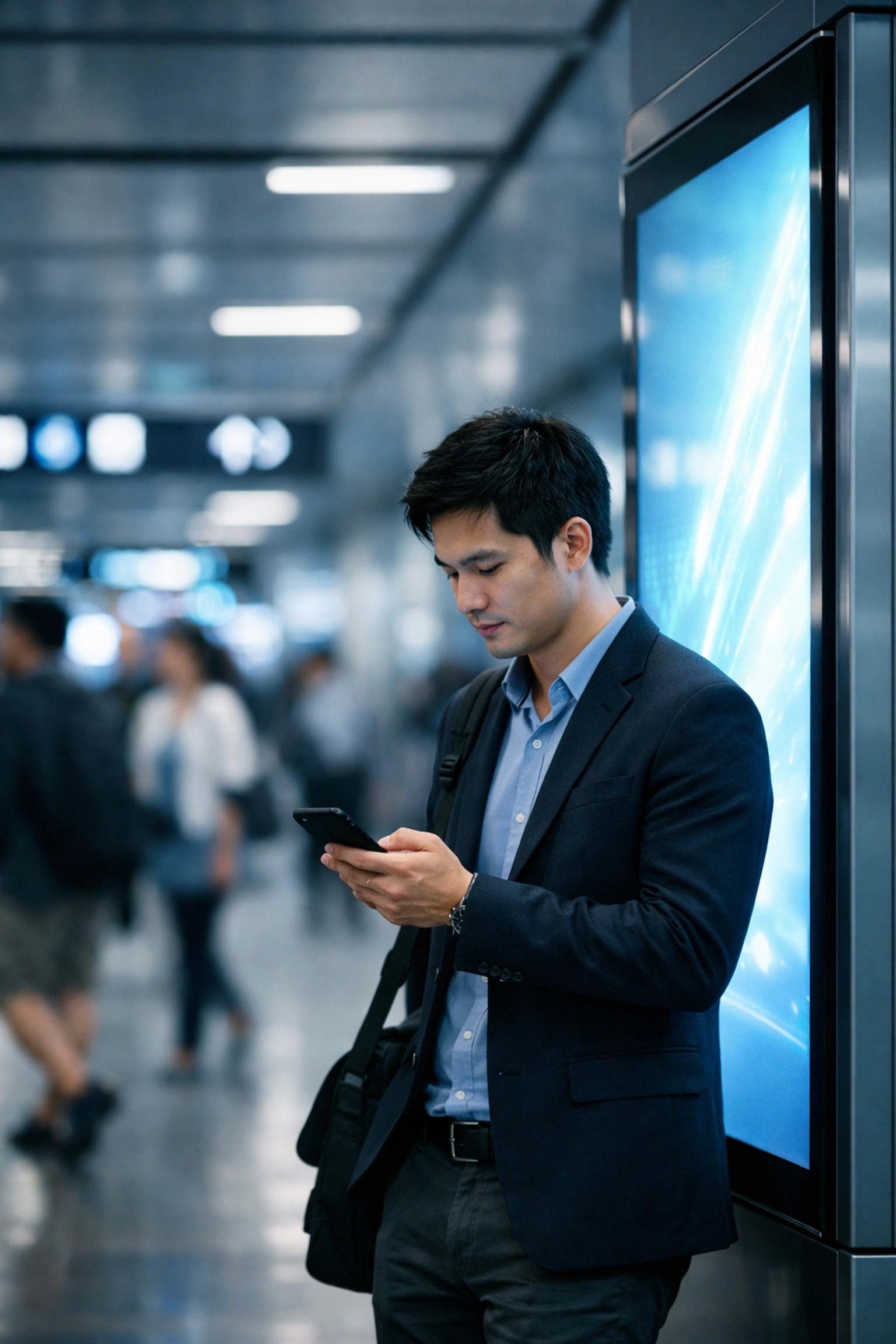 Consumer engaging with a smartphone near a high-tech digital advertising screen in a major transit hub.