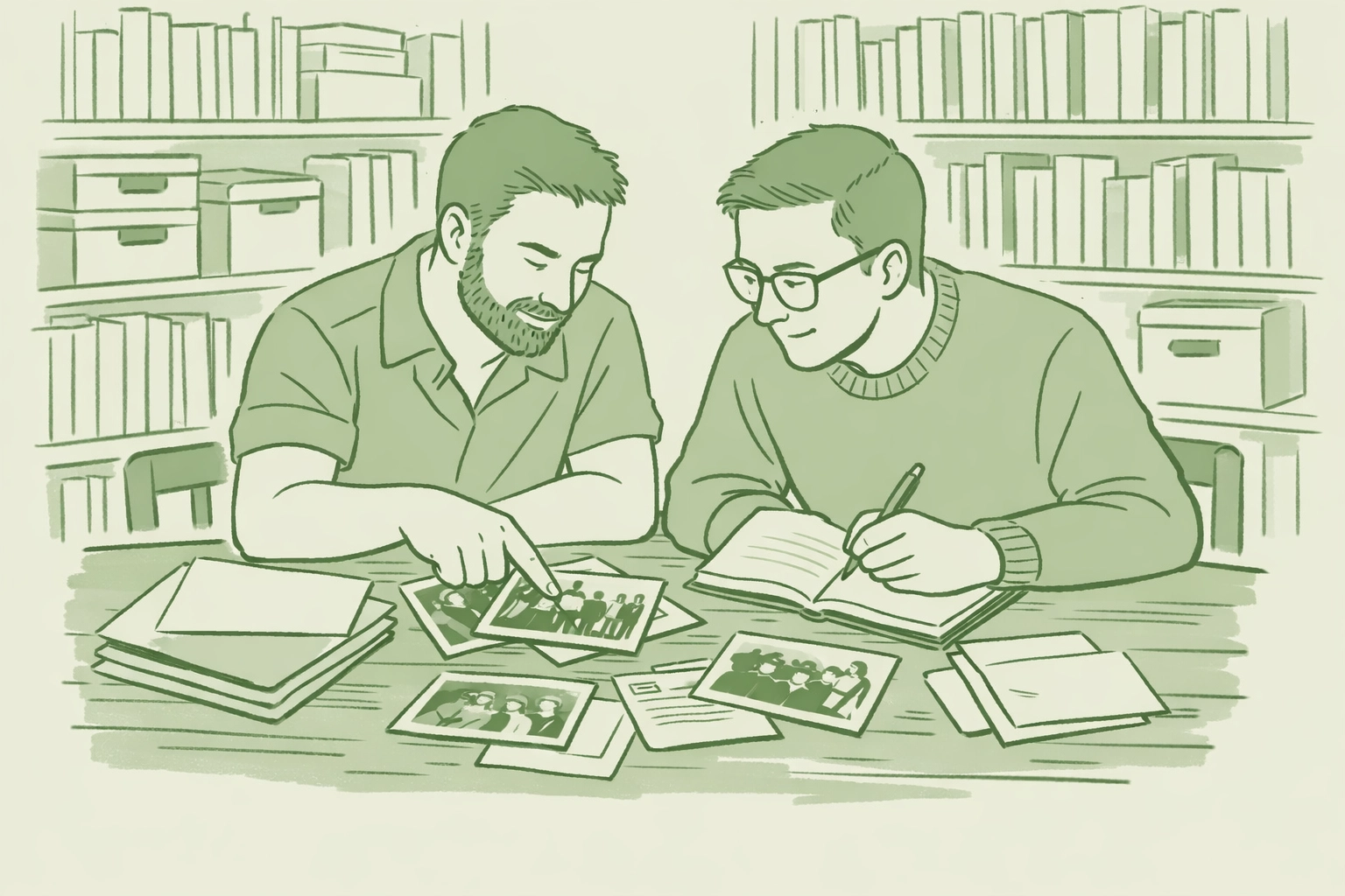 Two men researching LGBTQ+ history archives, preserving authentic Toronto queer community documentation