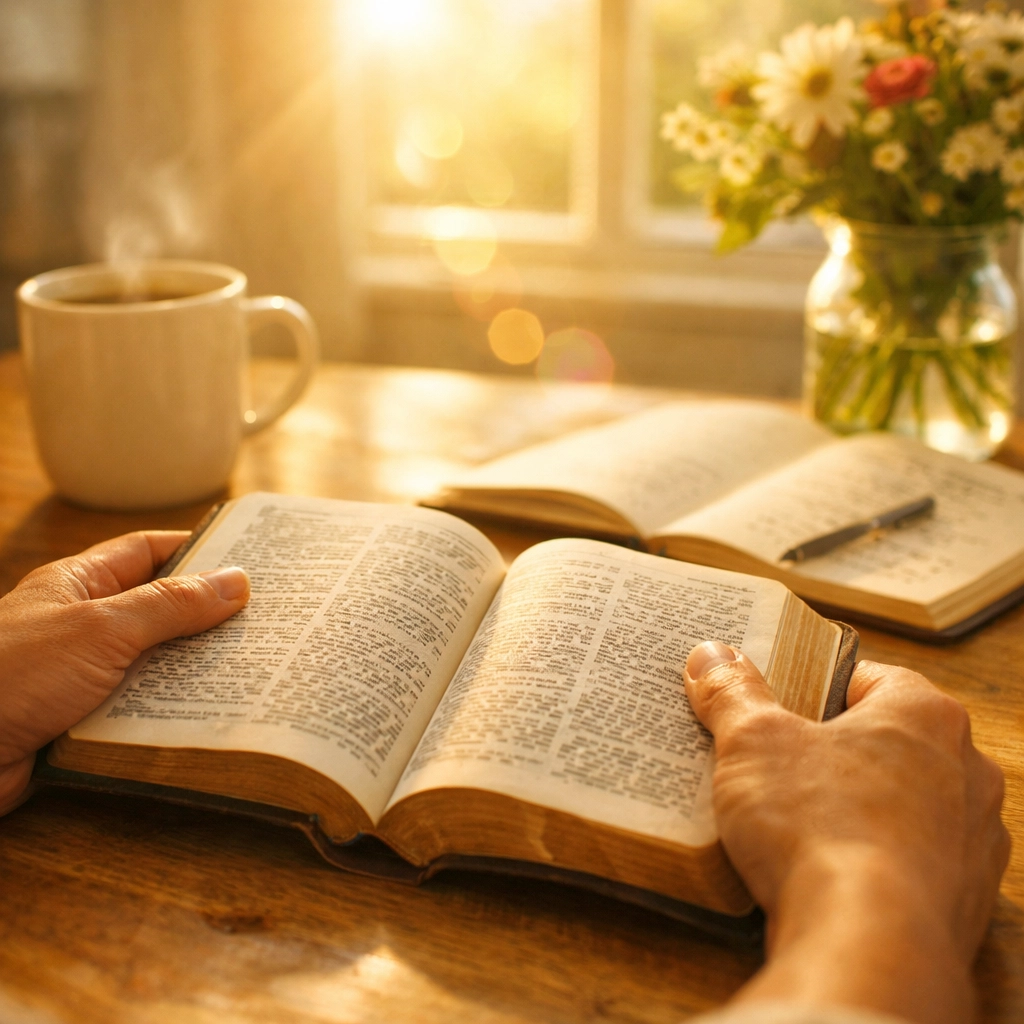 Hands holding open Bible on table for peaceful prayer and biblical news processing