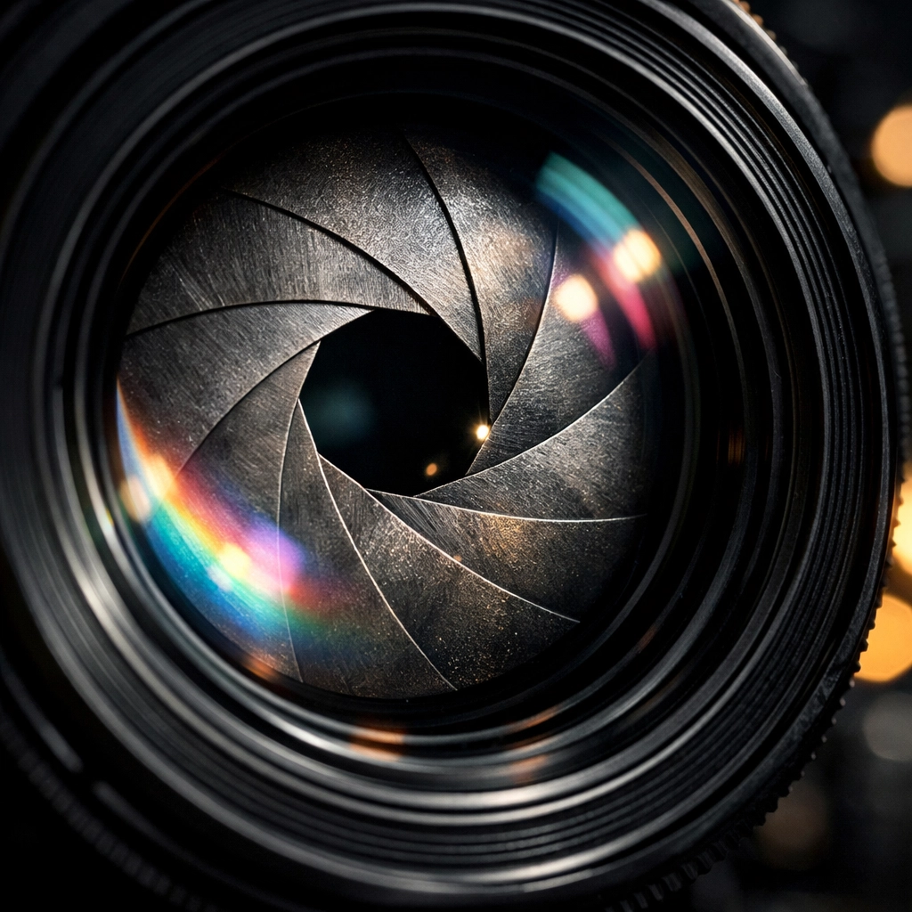 Close-up of camera lens aperture blades illustrating how to use manual mode camera settings.