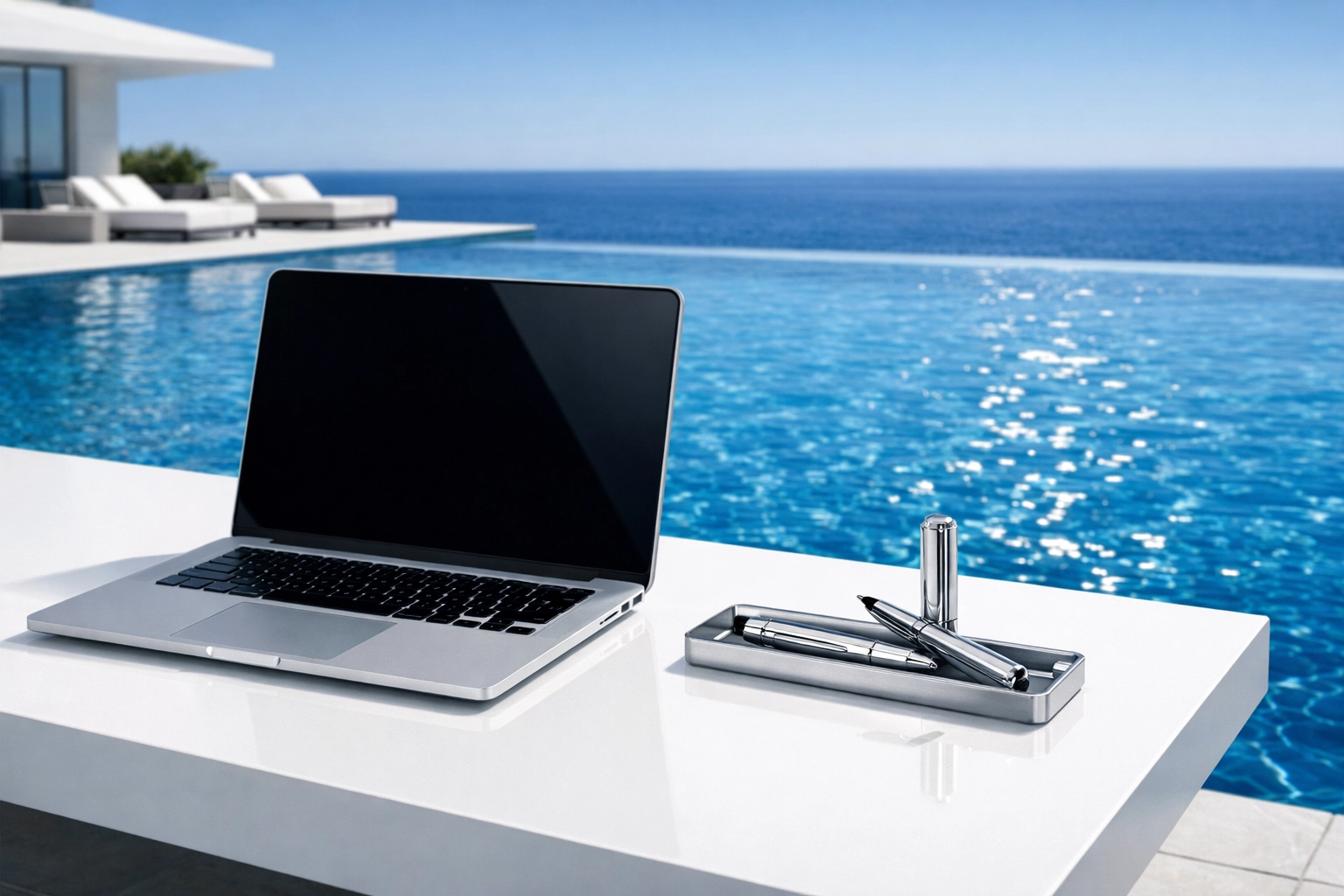 Laptop and documents by an infinity pool highlighting a lucrative pool route valuation.