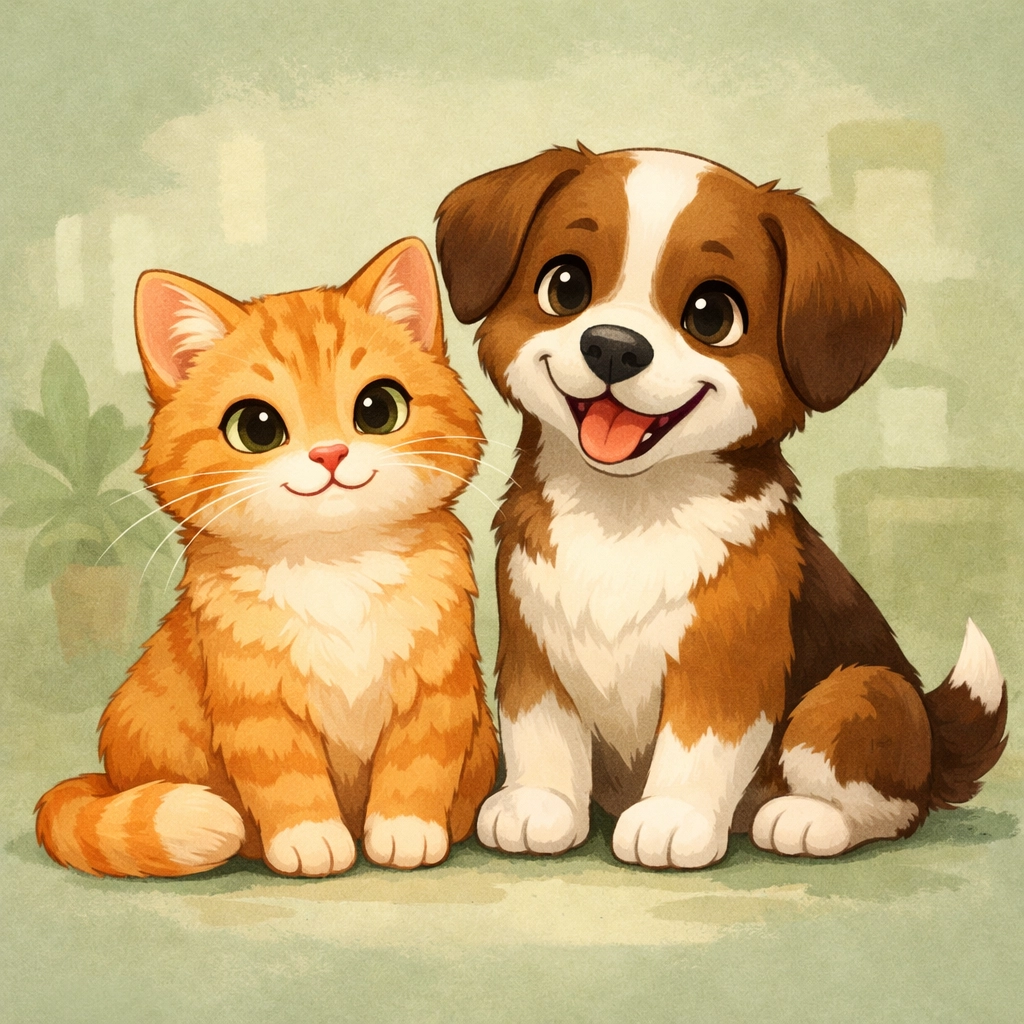 Happy cat and dog illustrating healthy pets before food allergy symptoms appear