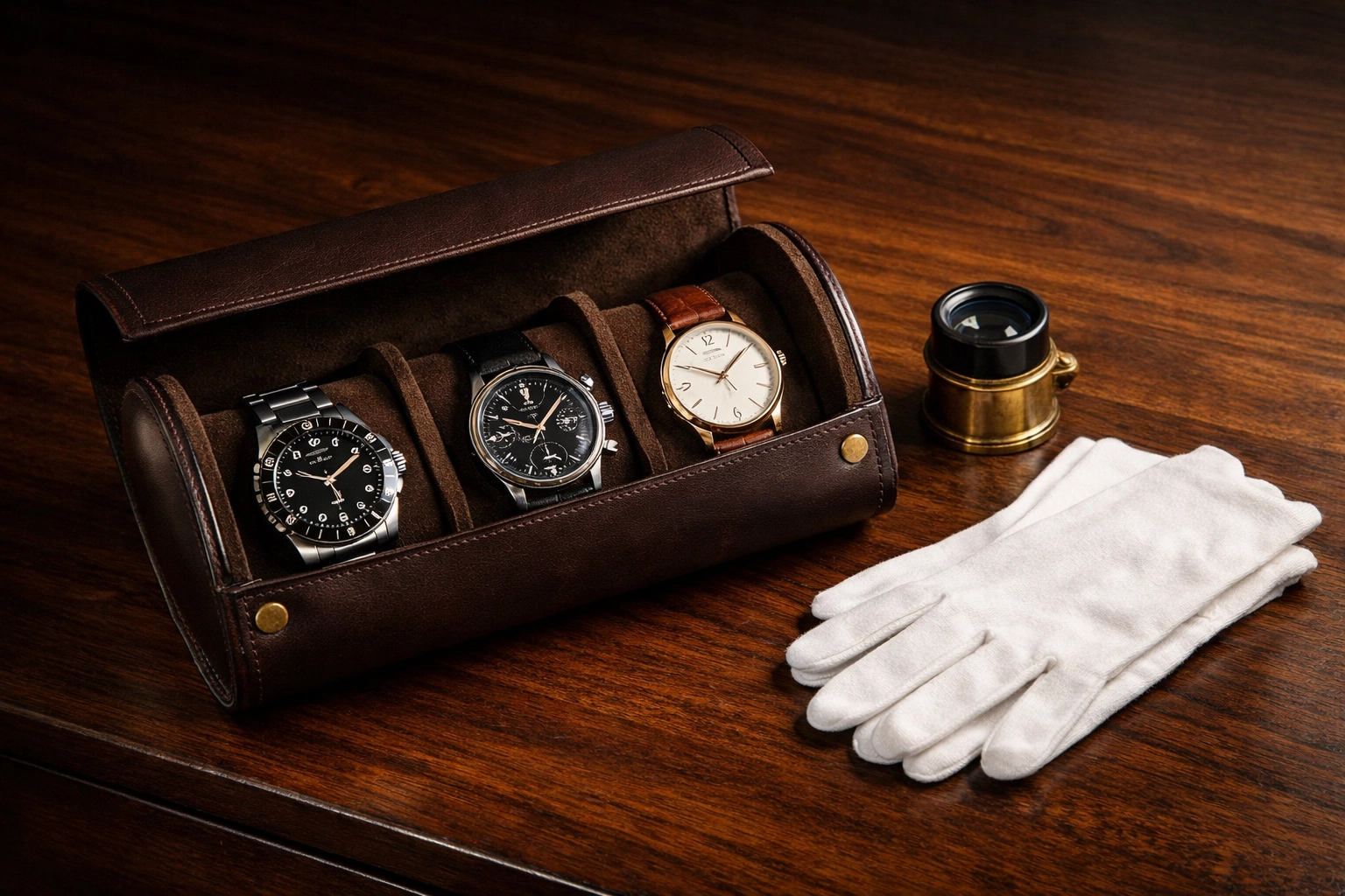 Professional collector setup with a leather watch roll and jeweler's loupe for verifying luxury watch provenance.