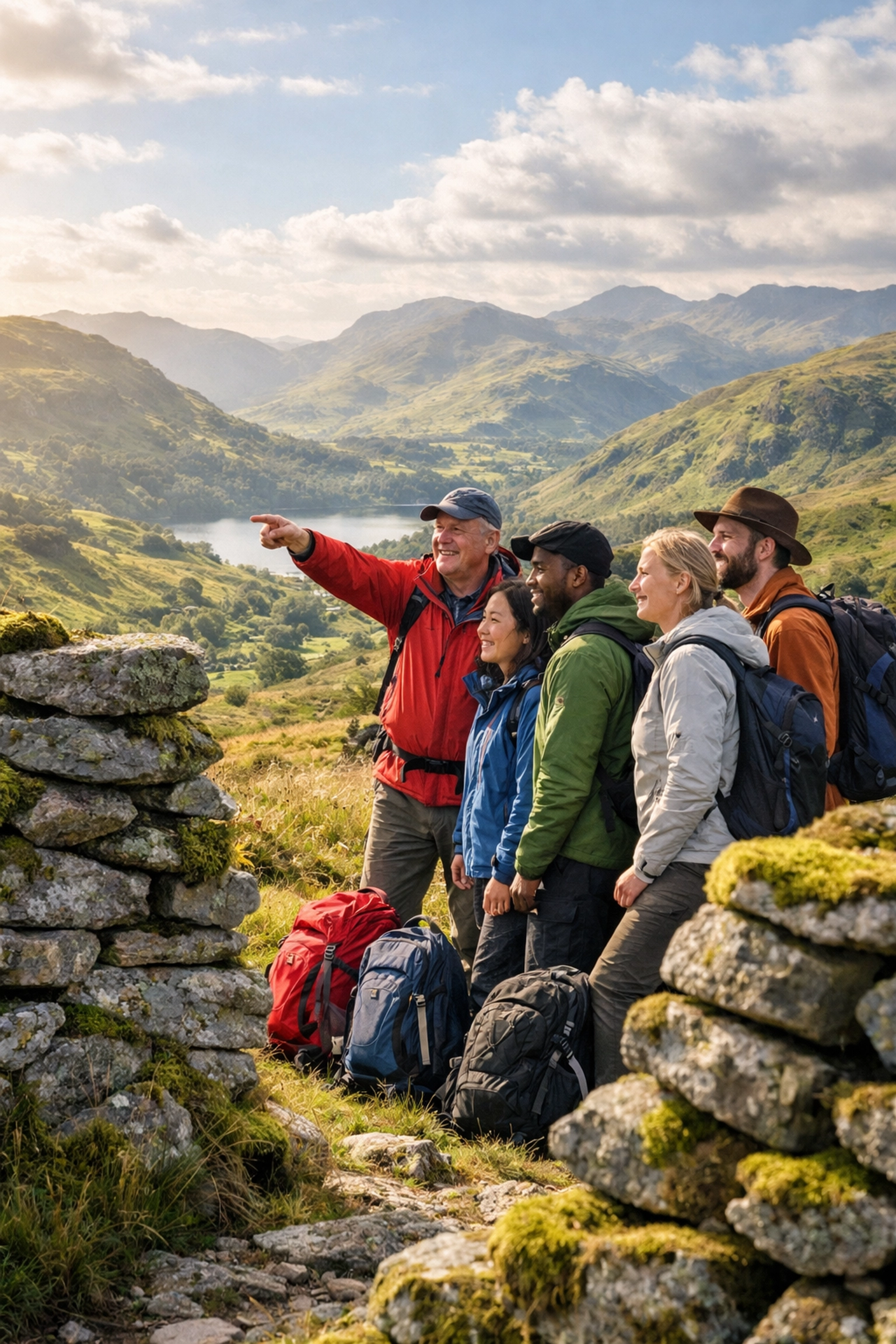 Guided hiking tour group with expert guide viewing Lake District fells